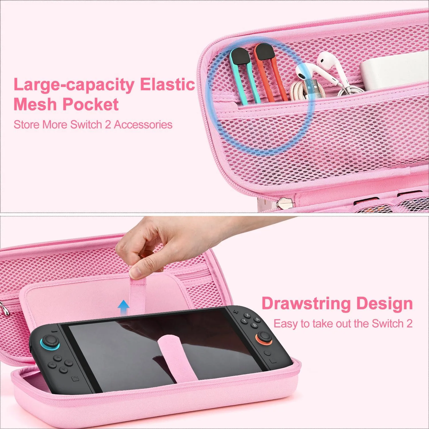 innoAura Switch 2 Case 14-in-1 Bundle for NS Switch 2 (2025), with Carrying Case, Protective Cover, Thumb Grips, Screen Protector, Cute Pendant and Sticker, Pink