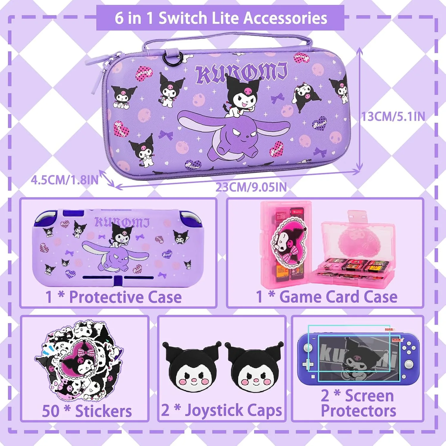 TIKOdirect Carrying Case for Switch Lite, Pretty Shockproof Portable Travel Bag with Soft Protective Case, Screen Protectors, Cute Thumb Grips Caps and Game Card Shell, Purple