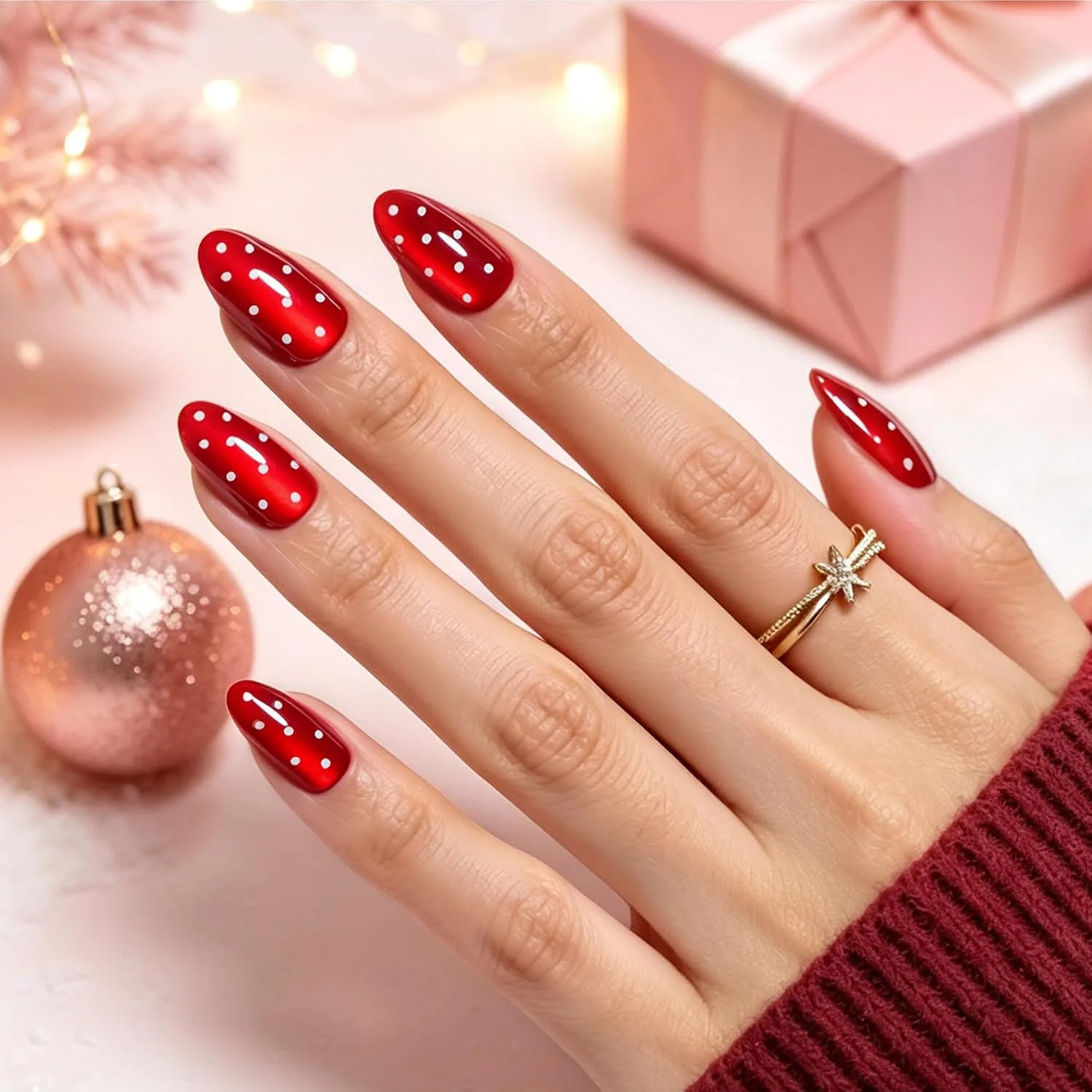 Beetles Red Press On Nails Short Almond, Halloween Cat Eye Polka Dot