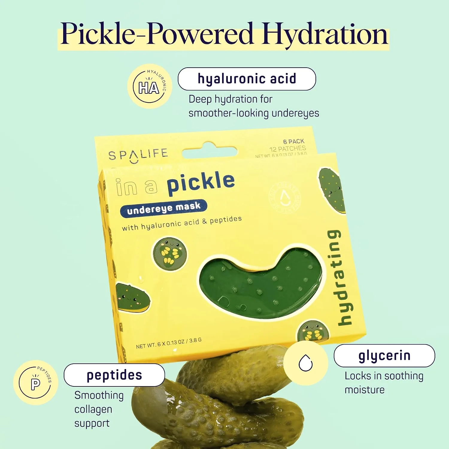 SpaLife In a Pickle Hydrogel Under Eye Patches for Dark Circles | Pickle Gifts for Women | Hydrating Undereye Masks for Bags and Puffiness | Pack of 8 Pairs (8 Undereye Treatments)