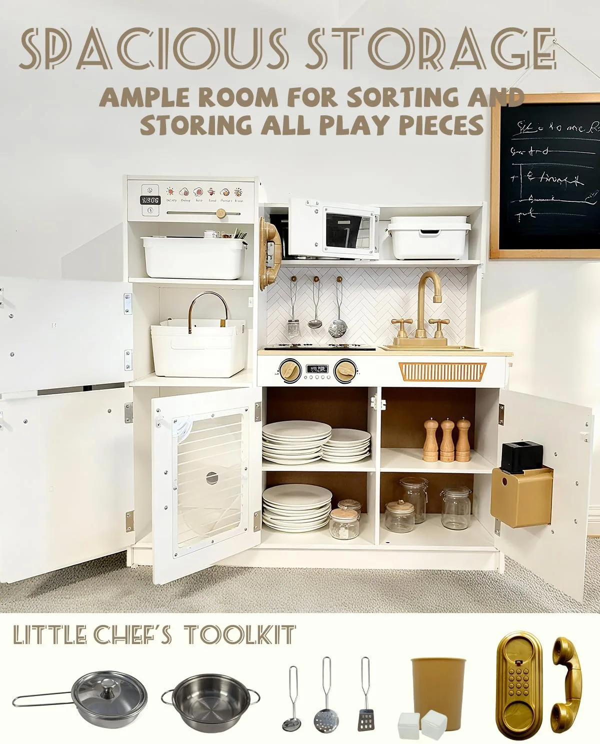 YUG Heavy-Duty Wooden Play Kitchen Set with Real Lights & Sounds, Compliant Premium Pretend Kitchen Toy Including Stove, Oven, Ice Maker, Range Hood, for Kids Ages 3+, ASTM CPSIA Compliant
