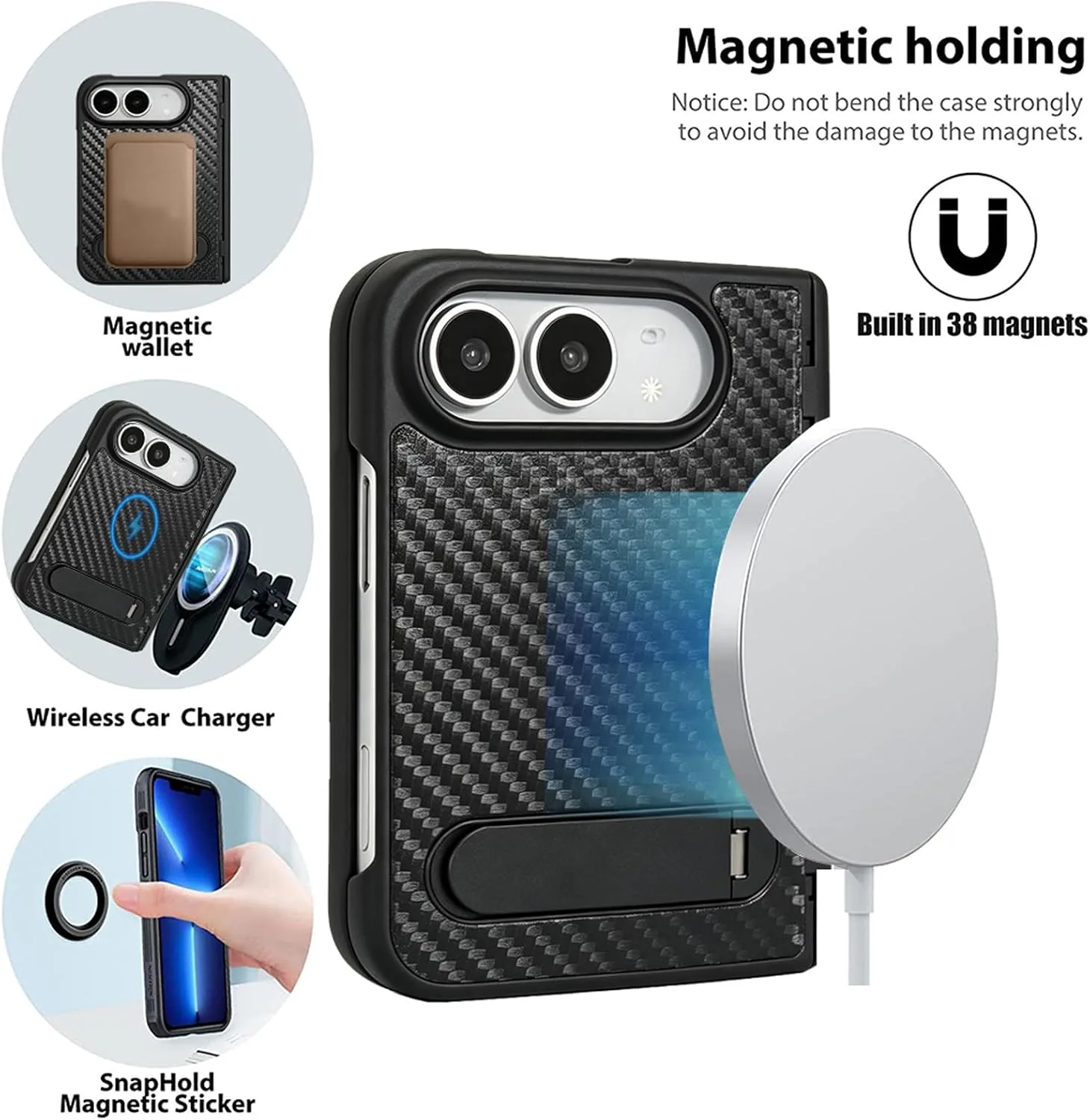 Magnetic Stand for iPhone Duo/Ultra Case Compatible with MagSafe, Built-in Screen Protector & Kickstand & Spring Hinge Protection, Carbon Fiber Texture Leather Phone Cover for iPhone Duo Black