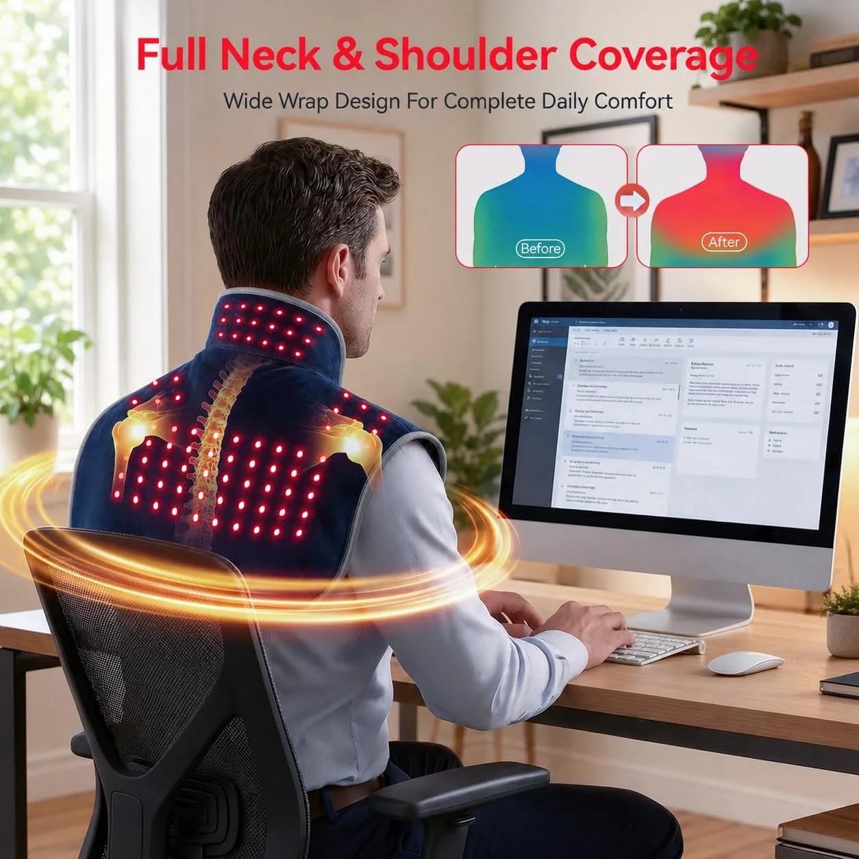 Cordless Red Light Therapy for Neck Shoulders, 660nm & 850nm Infrared Light Therapy Wrap with 5000mAh Rechargeable Battery, Timer, Pulse Modes for Home Office