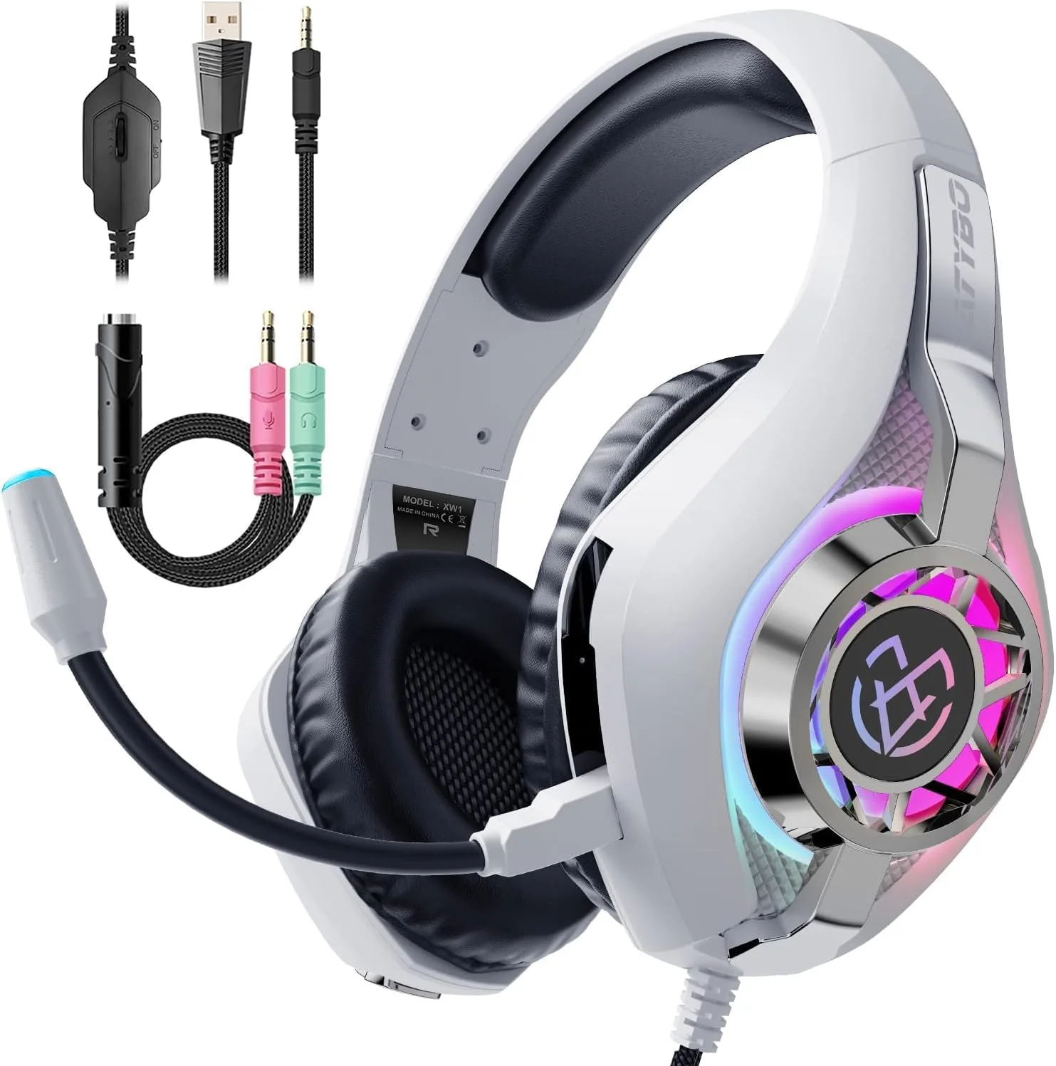 Tatybo Gaming Headset for PS5 PC, Noise Canceling Mic, RGB, White