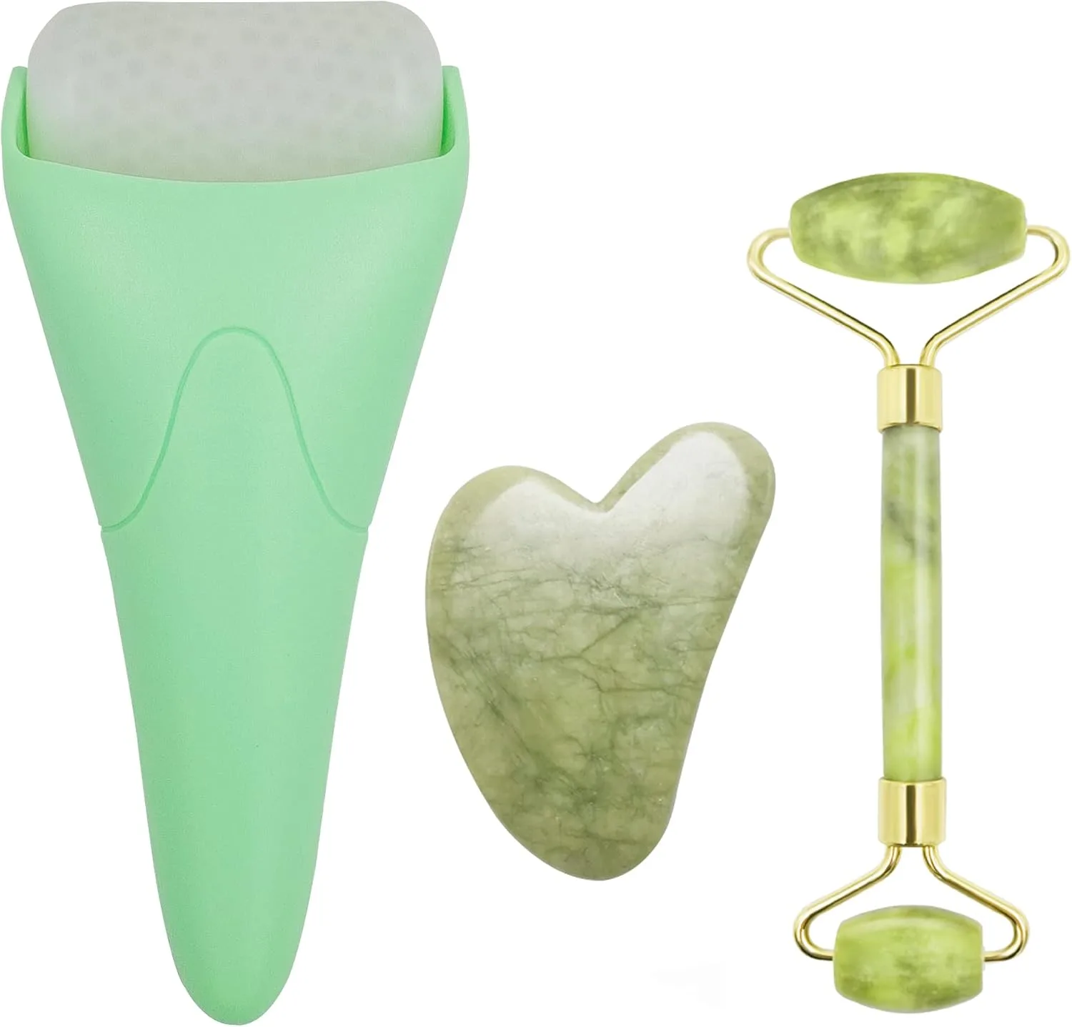 3 in 1 Ficial Face Ice Jade Roller and Gua Sha Tool, Natural Real Jade Anti-Wrinkle Face Eye Neck Massager Tool, Reduce Wrinkles, Puffiness, Migraine, Redness, Pain and Injury, Green