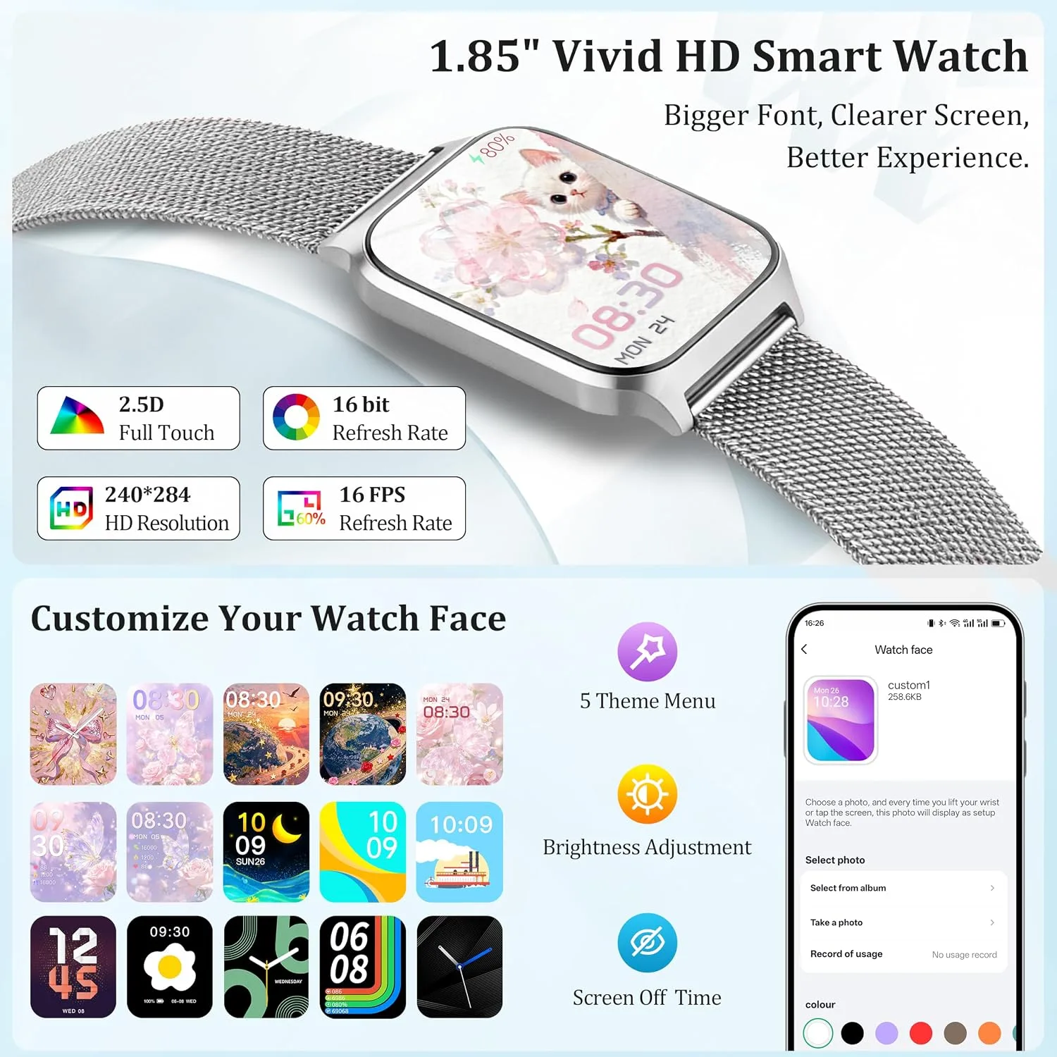 Smart Watch Women Men, 1.85" Reloj Inteligente para mujer hombre, Make/ Answer Call, Health Monitor/Blood Pressure, 110+ Sports Modes, Voice Control, IP68 Waterproof Compatible with Android & iPhone
