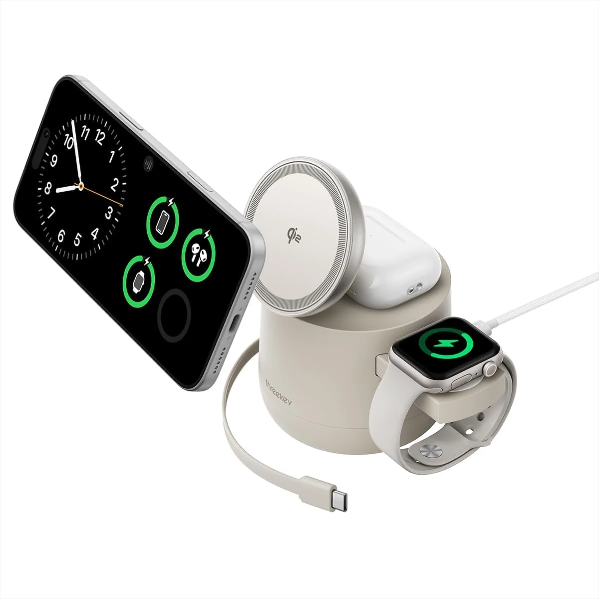 Estación de carga inalámbrica Threekey 4 en 1 Qi2 magnética 15W con módulo para Apple Watch y adaptador 65W