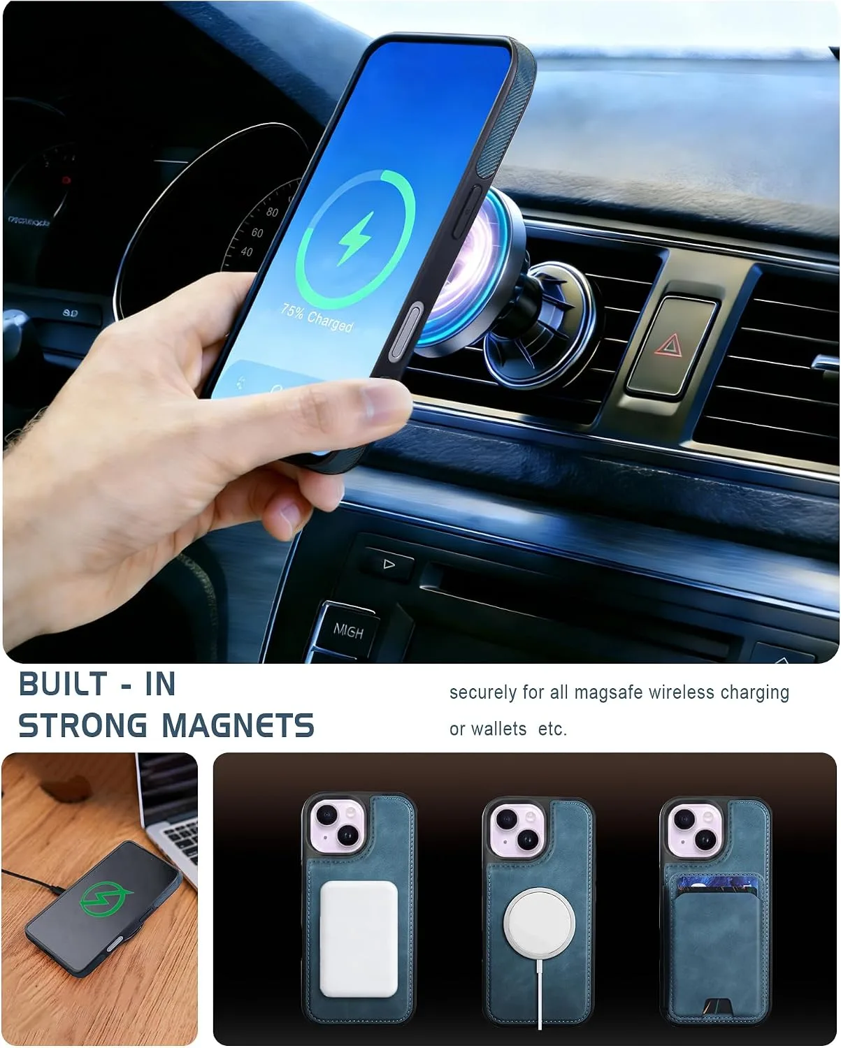 Magnetic Detachable Wallet Case for iPhone 15 with Kickstand,2-in-1 MagSafe Compatible RFID Blocking Card Holder,Slim PU Leather Cover Blue