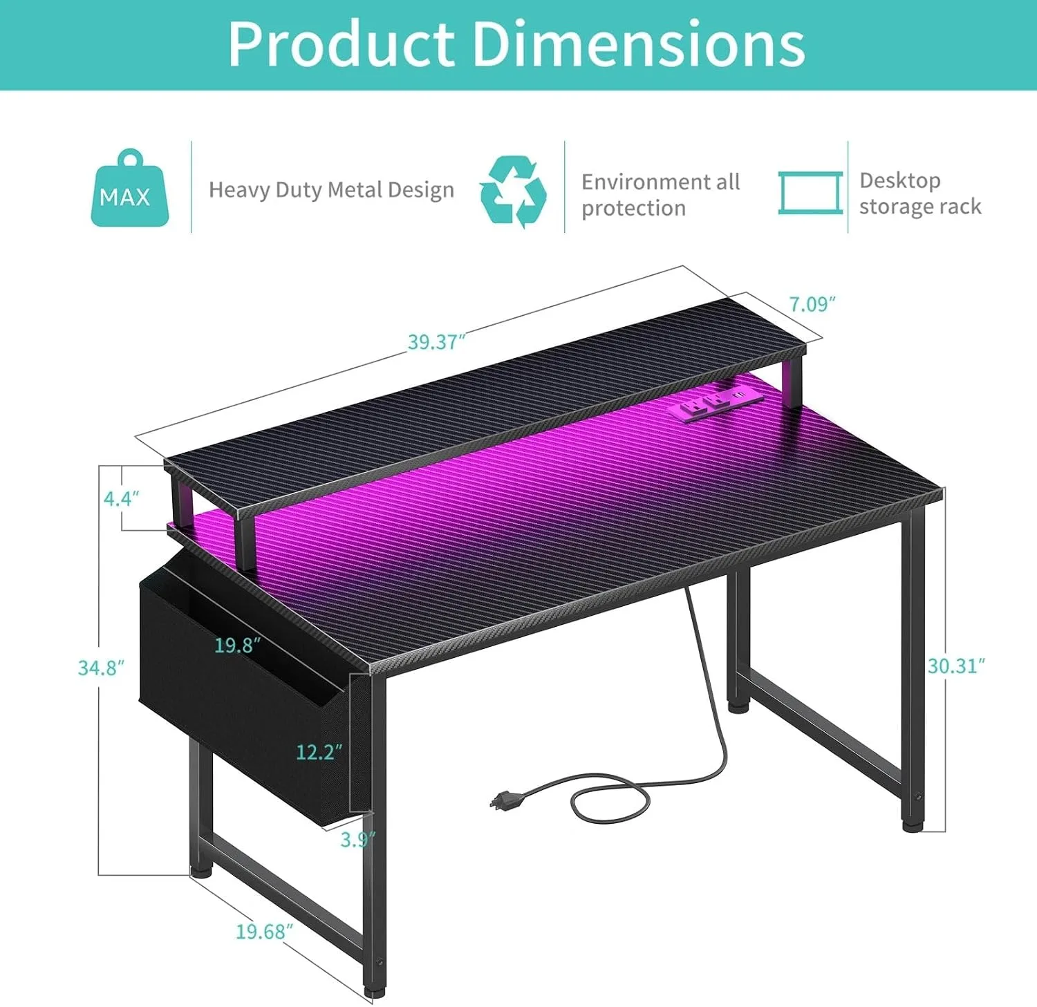 Lufeiya Gaming Desk with Power Outlets and LED Lights, 40 Inch Gamer Desk Table with Charging Station, Home Office Computer Desks with Monitor, Black