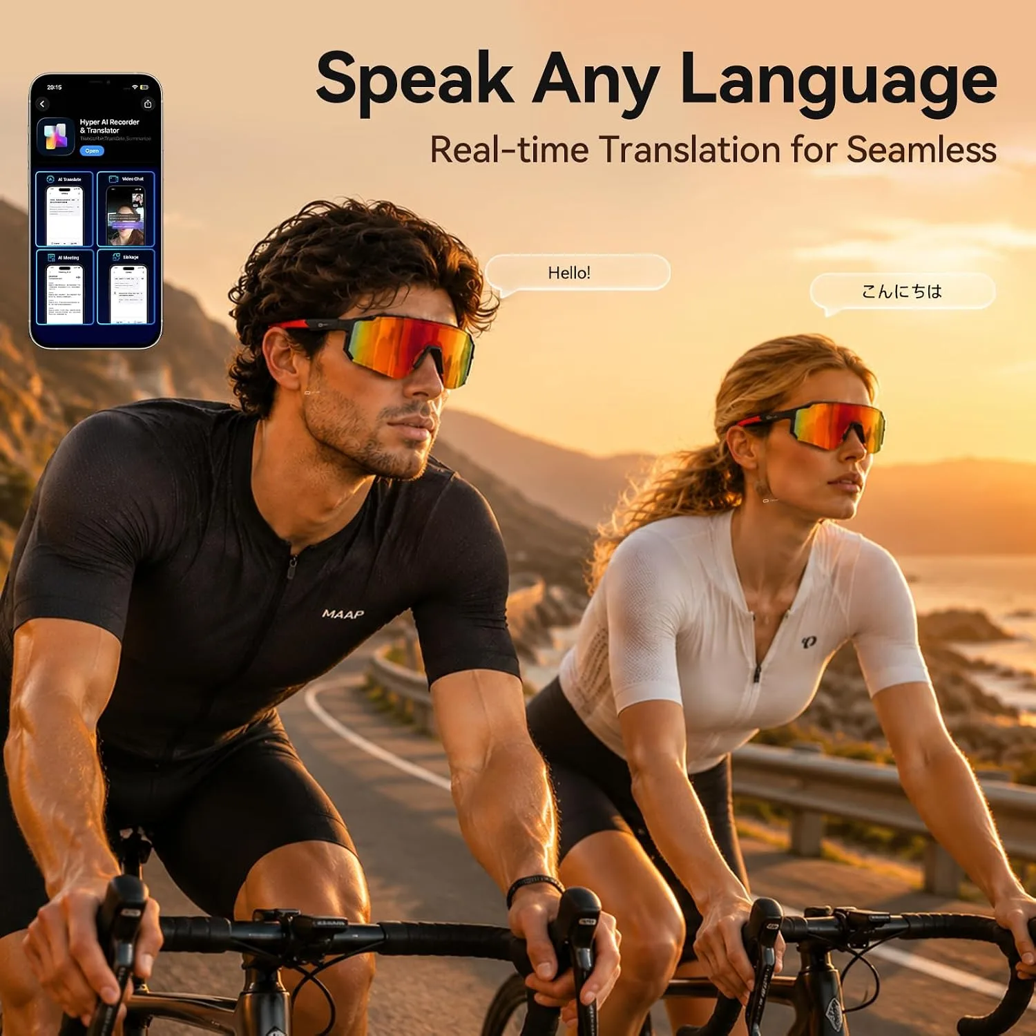 Smart Sports Sunglasses for Men/Women, Bluetooth Glasses for Cycling Running Driving, UV400 Polarized Lenses, Bluetooth 5.4, 6-8H Playtime, Outdoor UV Protection and Voice Control (Orange)