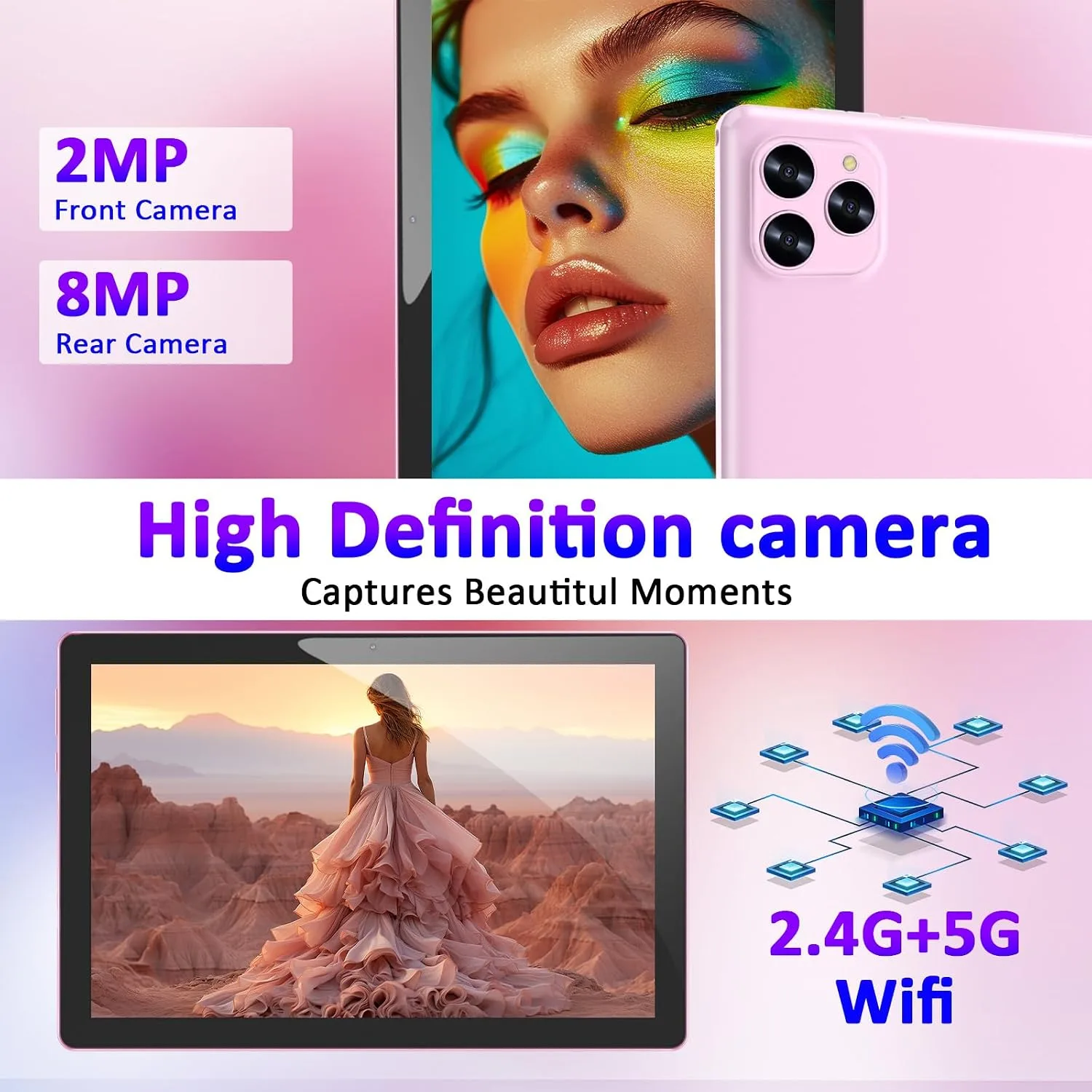 Tablet Android 16 10 Inch 12GB RAM+64GB ROM/ 1TB Expandable, 1280 * 800 HD Touch Screen, 5G WiFi6 BT 5.0, 2 in 1 Tab with Keyboard Case Mouse Stylus (Pink)