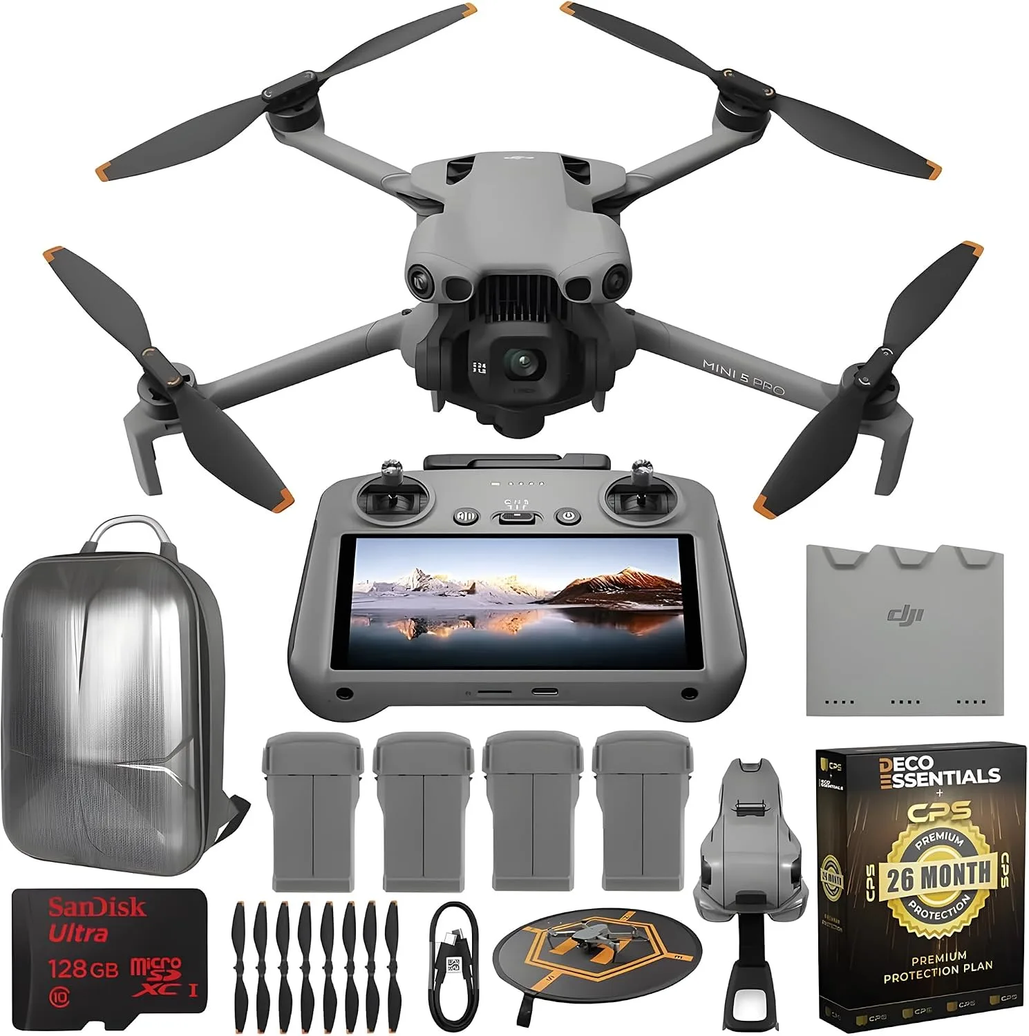 DJI Mini 5 Pro Drone Fly More Combo with RC 2, 1" CMOS Sensor, 4K Video, Obstacle Sensing, 4 Battery Bundle with Deco Essentials CPS Exclusive 26 Month Protection Pack and Accessories Kit