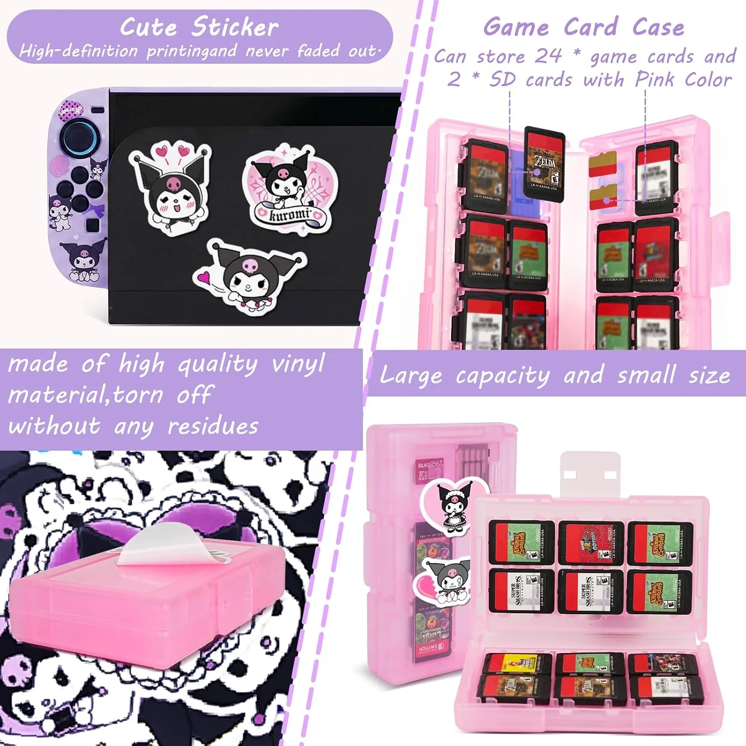 TIKOdirect Carrying Case for Switch 2, Cute Portable Bag Accessories with Soft Protective Case, Screen Protectors and Thumb Grip caps, Game Card Case 7in1, Purple