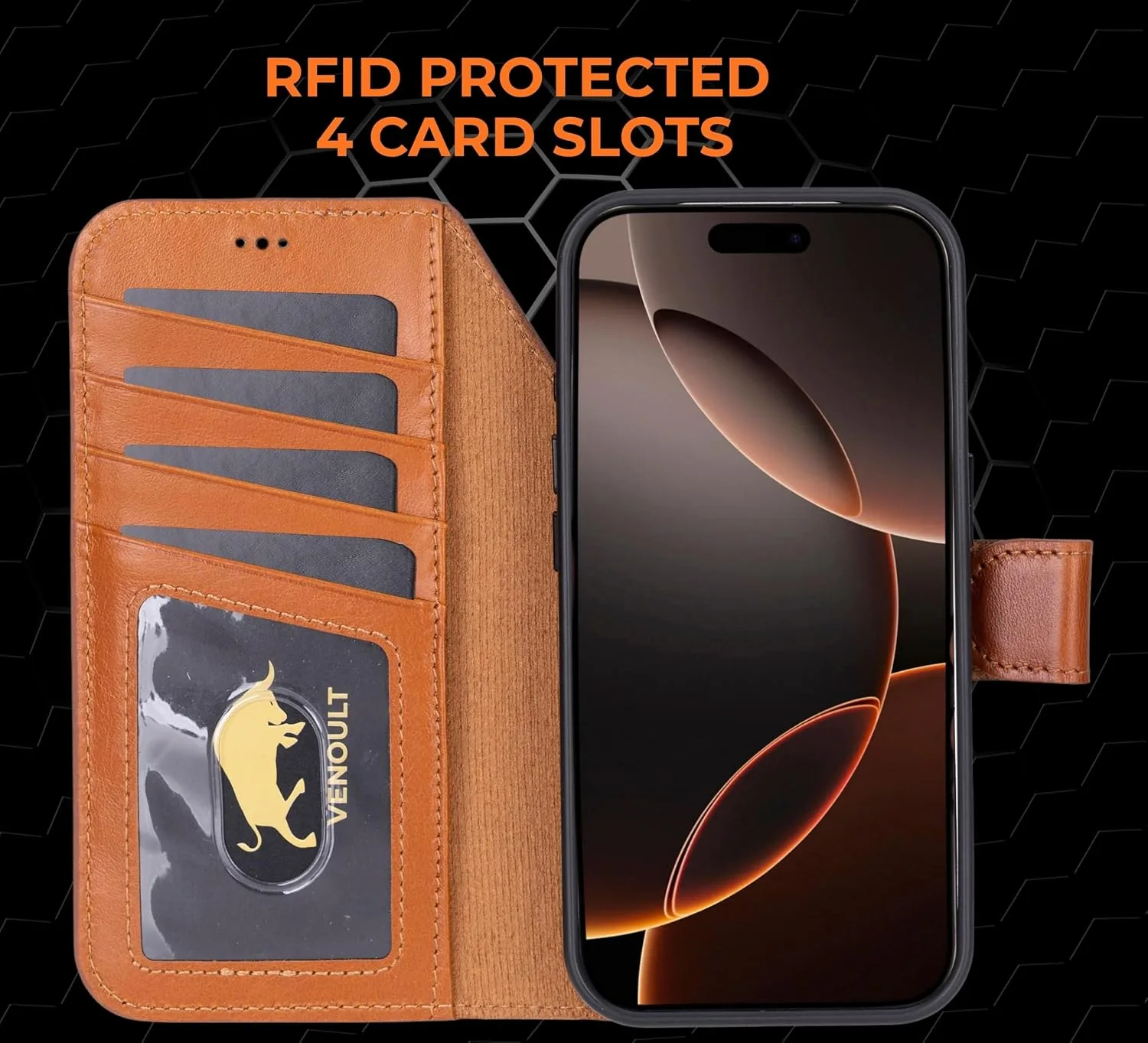 VENOULT Wallet Case for iPhone 16 Pro, Full Grain Genuine Turkish Leather, Magnetic Detachable, RFID 4 Card Slots, Business Style, Compatible with MagSafe (Chestnut)