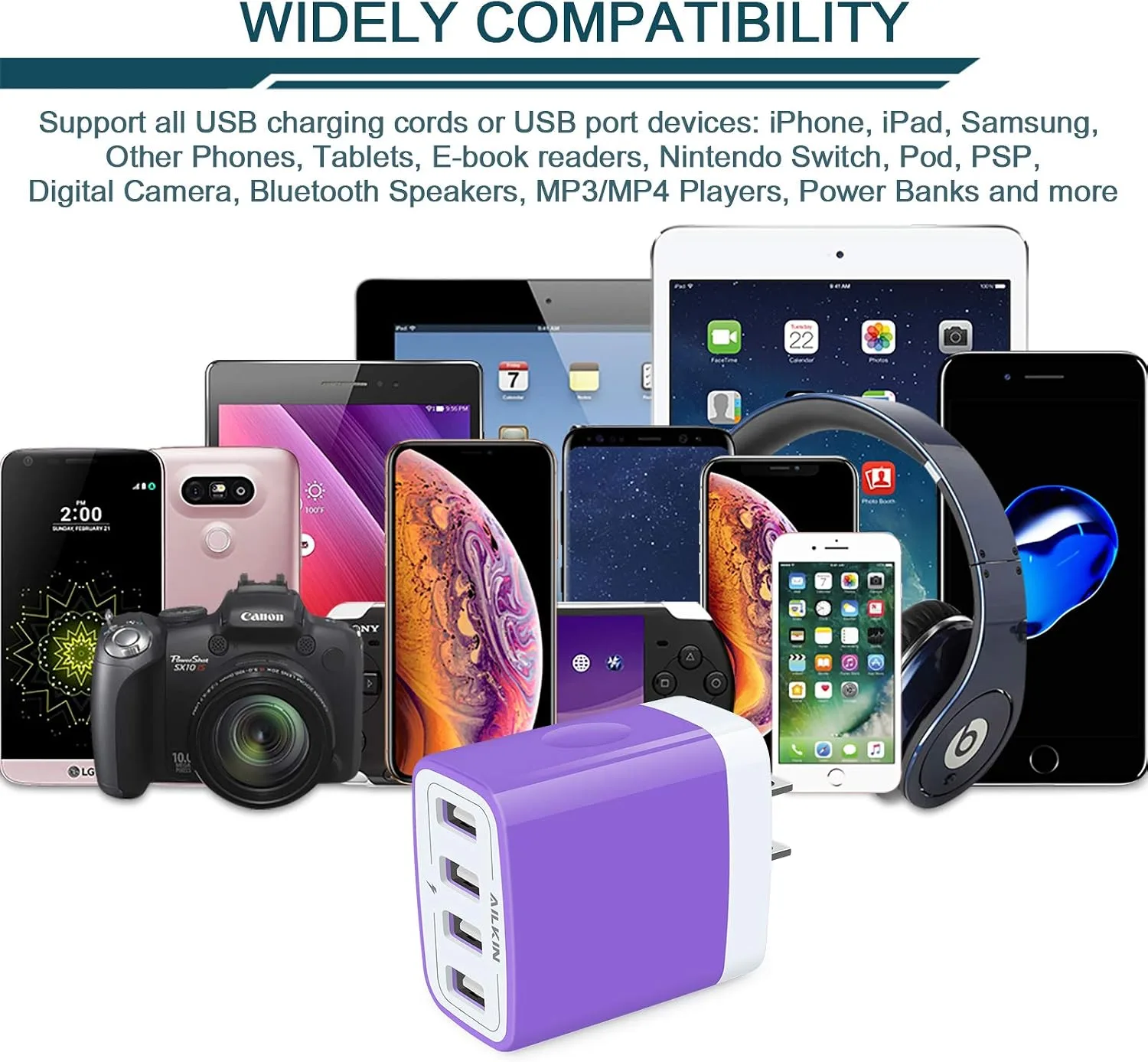 USB Charger Cube, Wall Charger Plug, AILKIN 4.8A 4-Muti Port USB Adapter