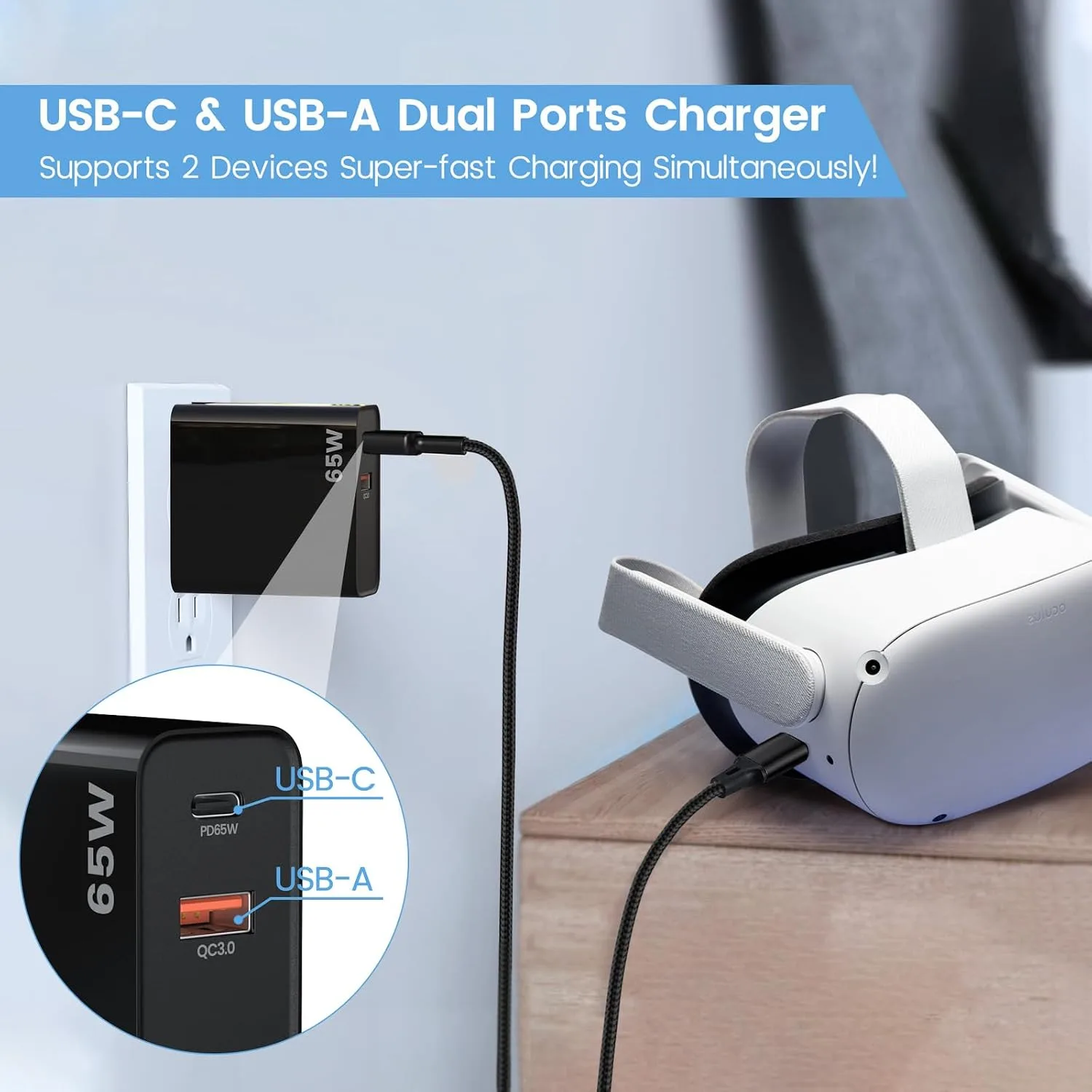 PD65W USB C Super Fast Charger for Meta Quest 3s & 3 & 2 VR Headsets, Black