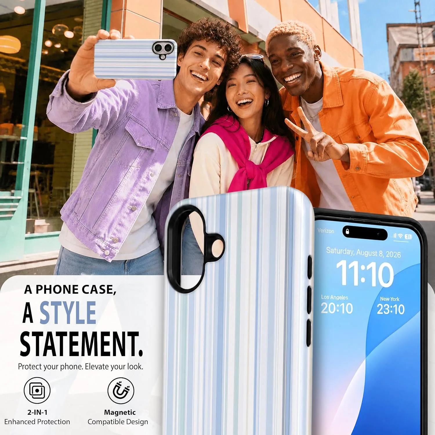 Magnetic for iPhone 17 Phone Case, Cute Trendy Pastel Blue Striped