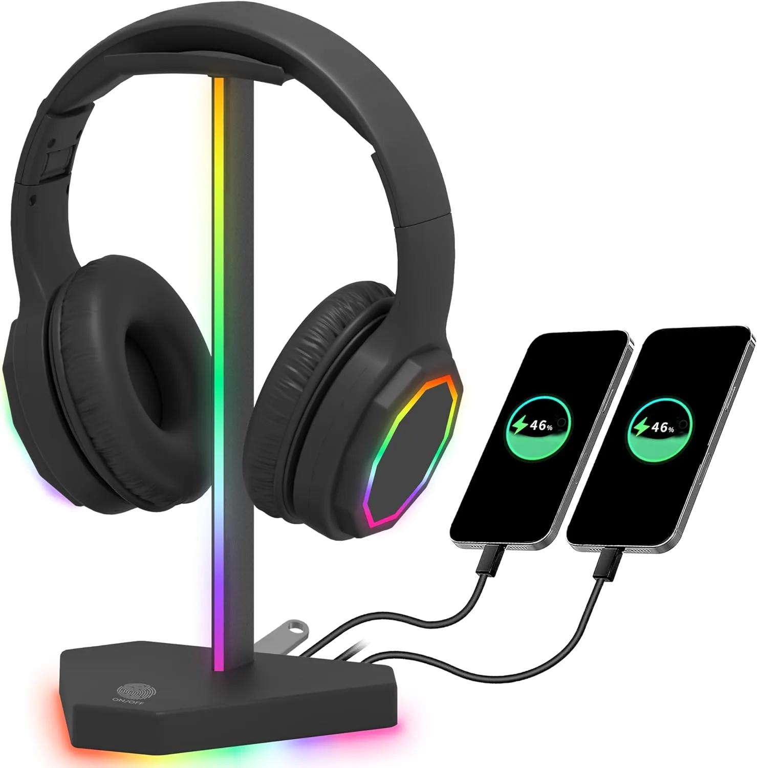 Soporte para audífonos Charlxee RGB con 1 puerto USB-C y 3 puertos Type-C para carga y datos negro
