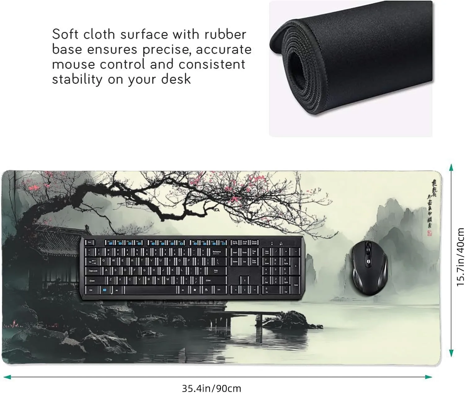 XL Extended Mouse Pad & Keyboard Desk Mat, Japanese Watercolor Cherry Blossom, Non-Slip Rubber Base, 35.4" x 15.7