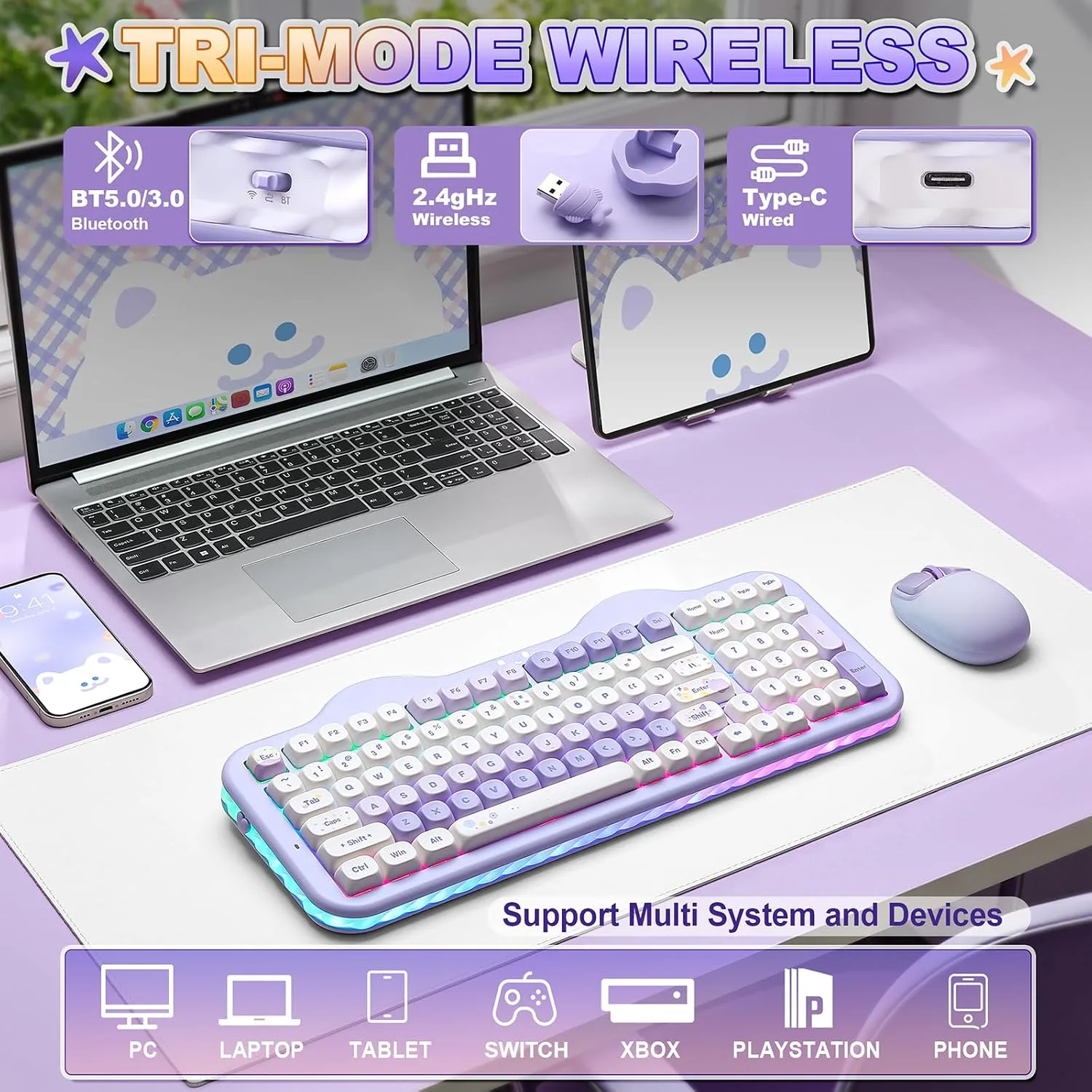 YUNZII C98 Cute Cake Wireless Mechanical Keyboard (Purple, Candy Switch)