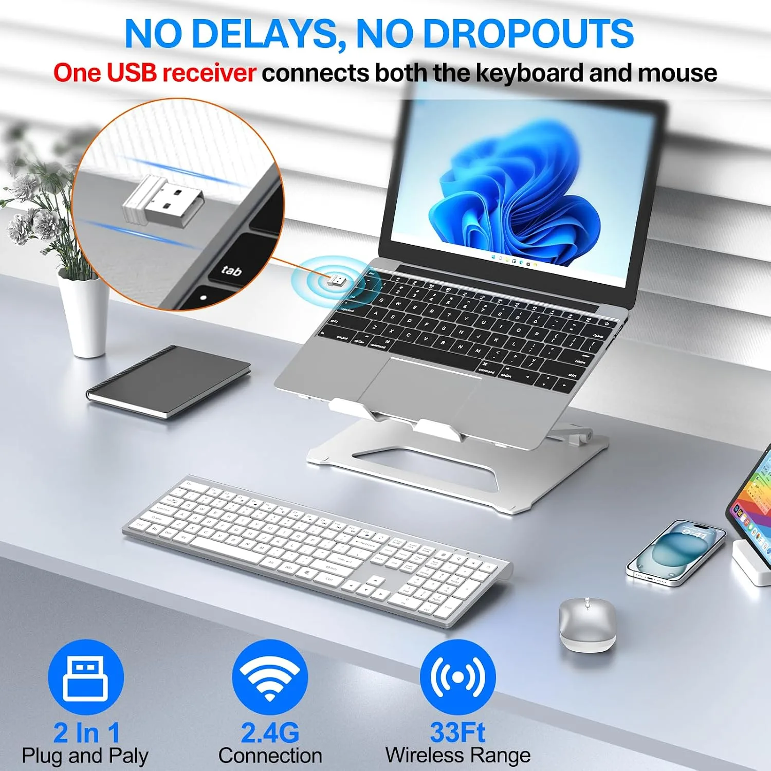 Wireless Keyboard and Mouse Combo, Ultra Slim Full Size Silent Keyboard