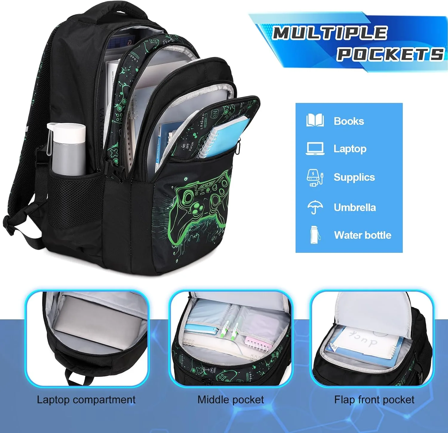 DIGOBAY Boys Backpack for School, Cool Luminous Gamer Backpack for Boys with Kids Bento Box Insulated Water Bottle Lunch Box Pencil Case, Kids Backpacks Bookbag for Teen Boys Elementary Middle School
