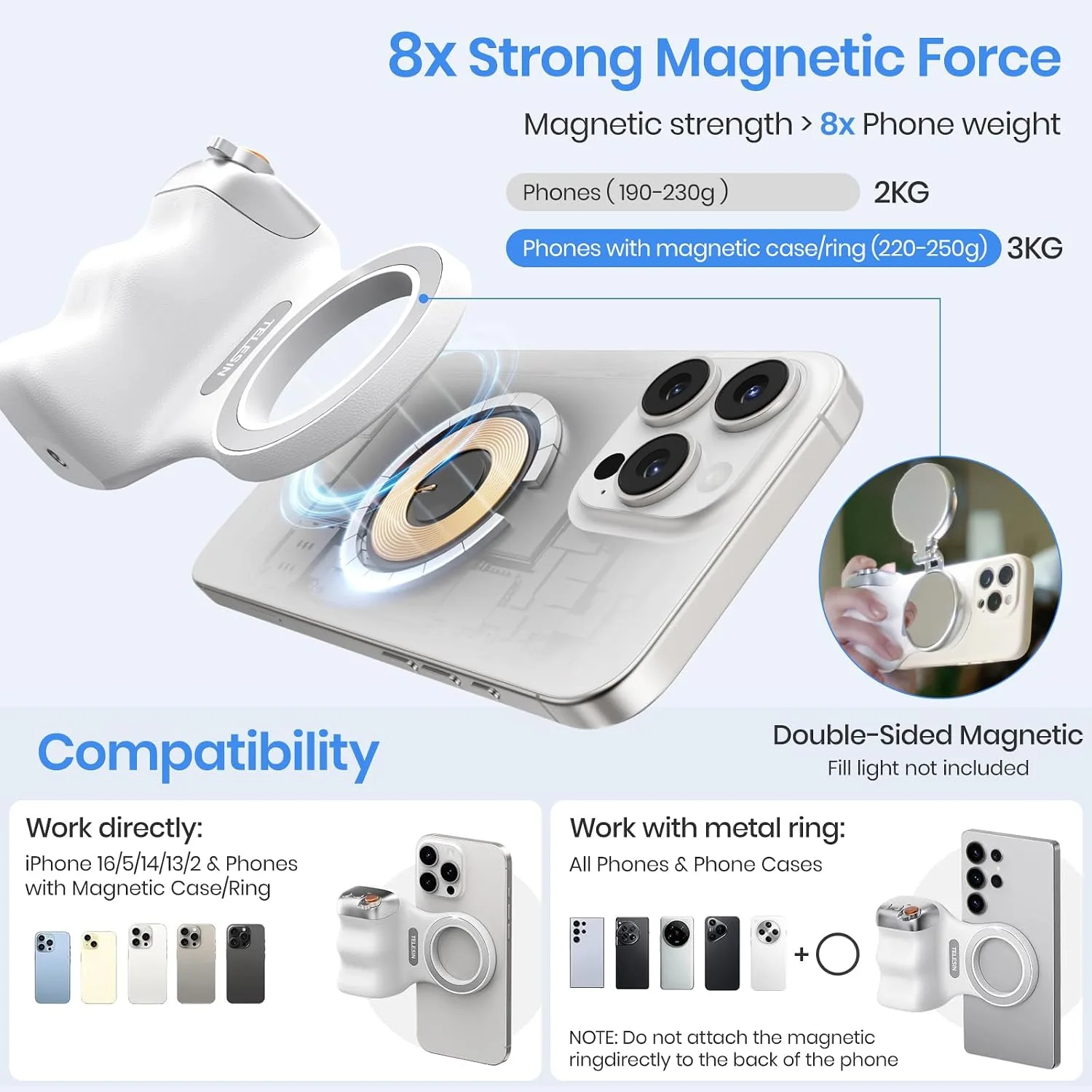 Magnetic Phone Camera Grip,Shooting Holder Selfie Handle Snap(White)