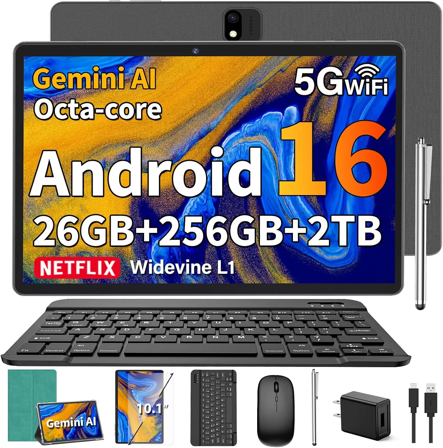 Android Tablet, 2026 Android 16 Tablet with Keyboard, 26GB+256GB, Gemini AI