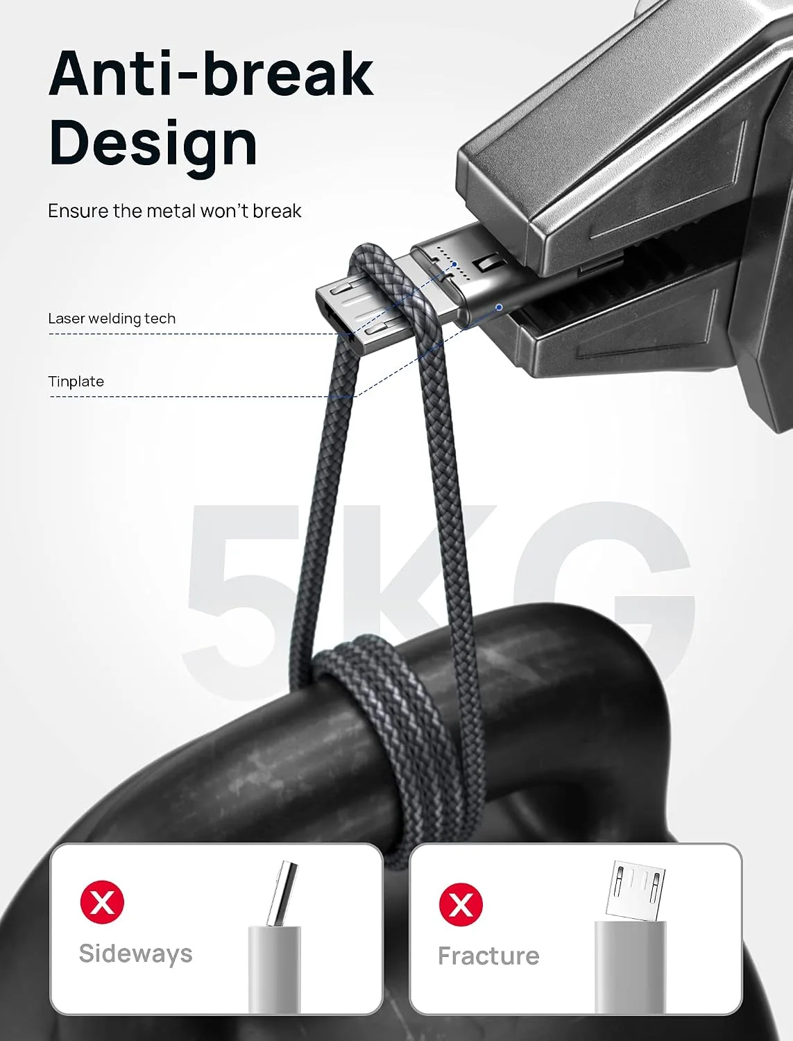 JSAUX Micro USB Cable for Android, 2-Pack 6.6FT Kindle Charger Cable -Grey