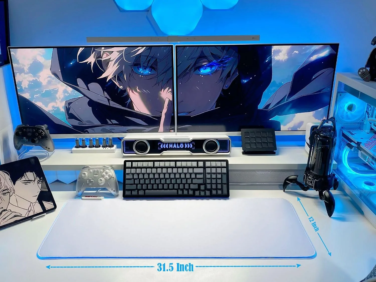 JMIYAV White Gaming Mouse Pad RGB Mousepad 31.5x12In Non-Slip Rubber Base Extra Large Cool XL XXL Computer Desk Pad Gaming Accessories Setup LED Light Up Big Mouse Pad for Gamer