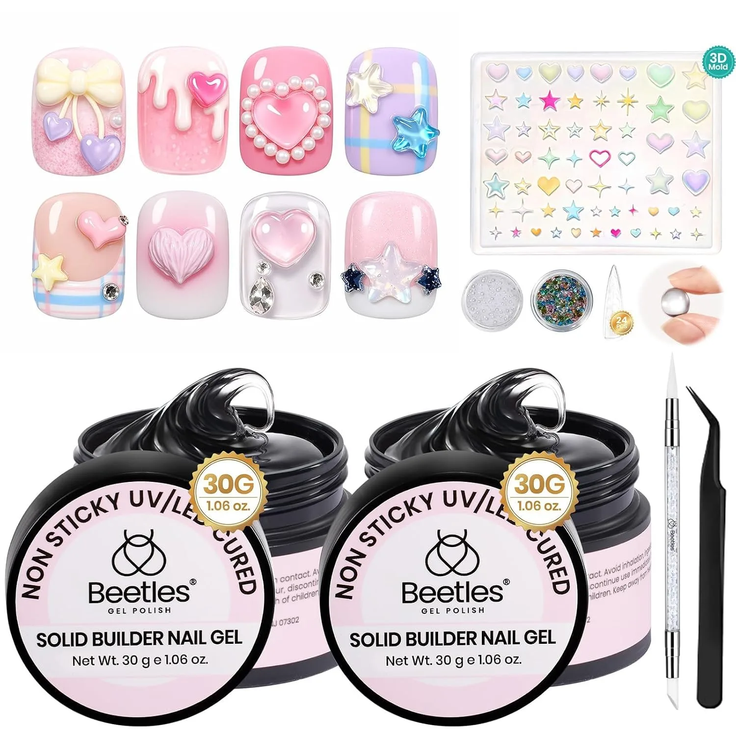 Beetles Clear 3D Solid Builder Nail Gel Kit, 2 Pcs 3D Gel with 3D Mold