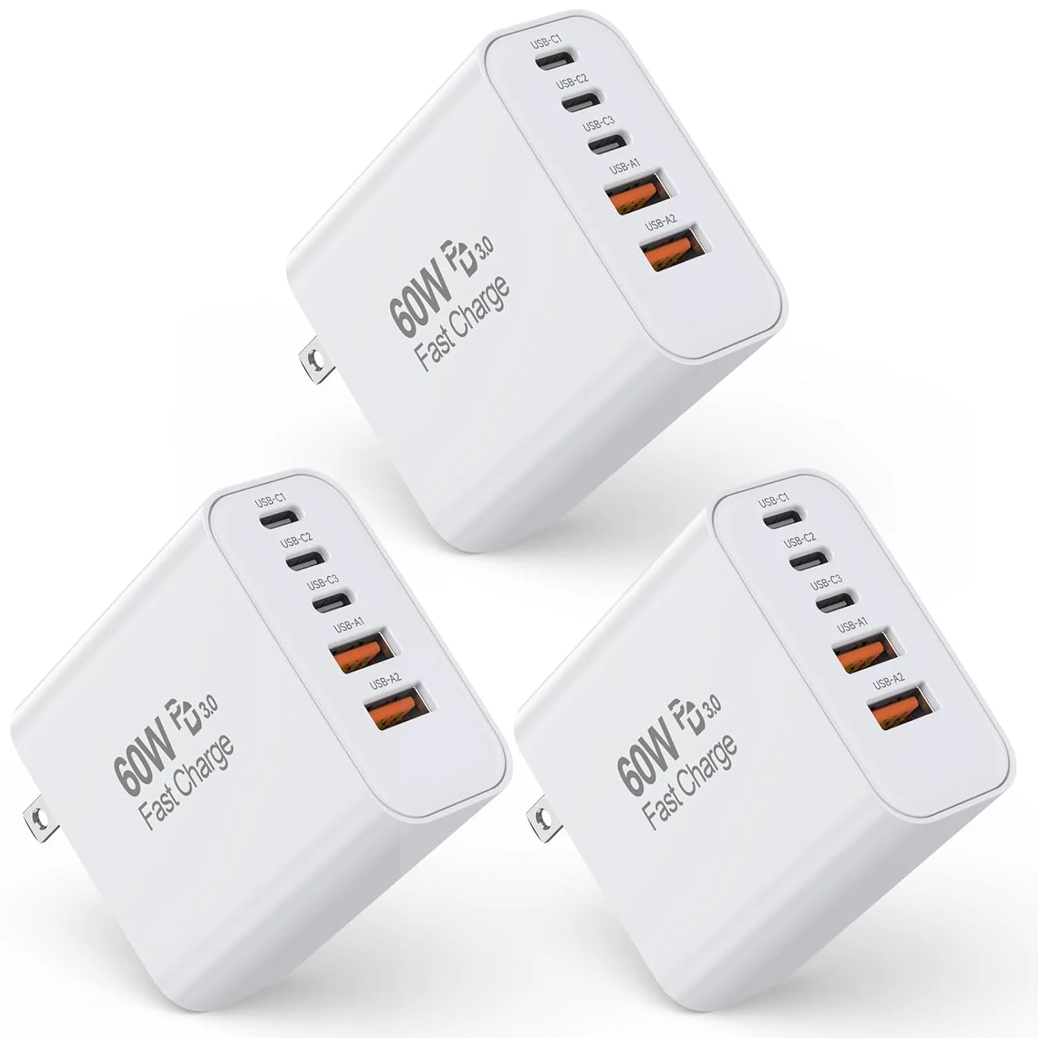 3 Pack Apple 17 Pro Max Charger Fast Charging,PD 60W 5 in 1 Multiport USB C Wall Charger Block Fast Charging, iPhone 16 Plug Cube Quick Charge for iPhone17 Air/16/16e/16 Pro/15Pro Max/14/13/12/11/iPad