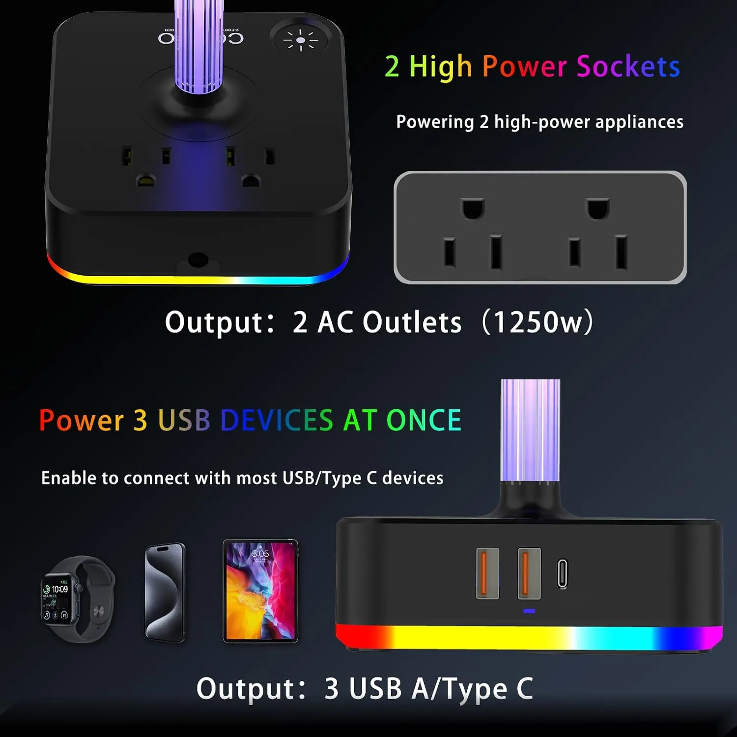 Headphone Stand with Charger for Desk, Gifts for Gamers Men, RGB Black