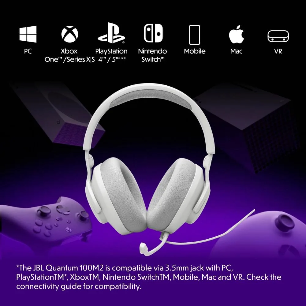JBL Quantum 100M2 Wired Gaming Headset, Detachable Mic - White