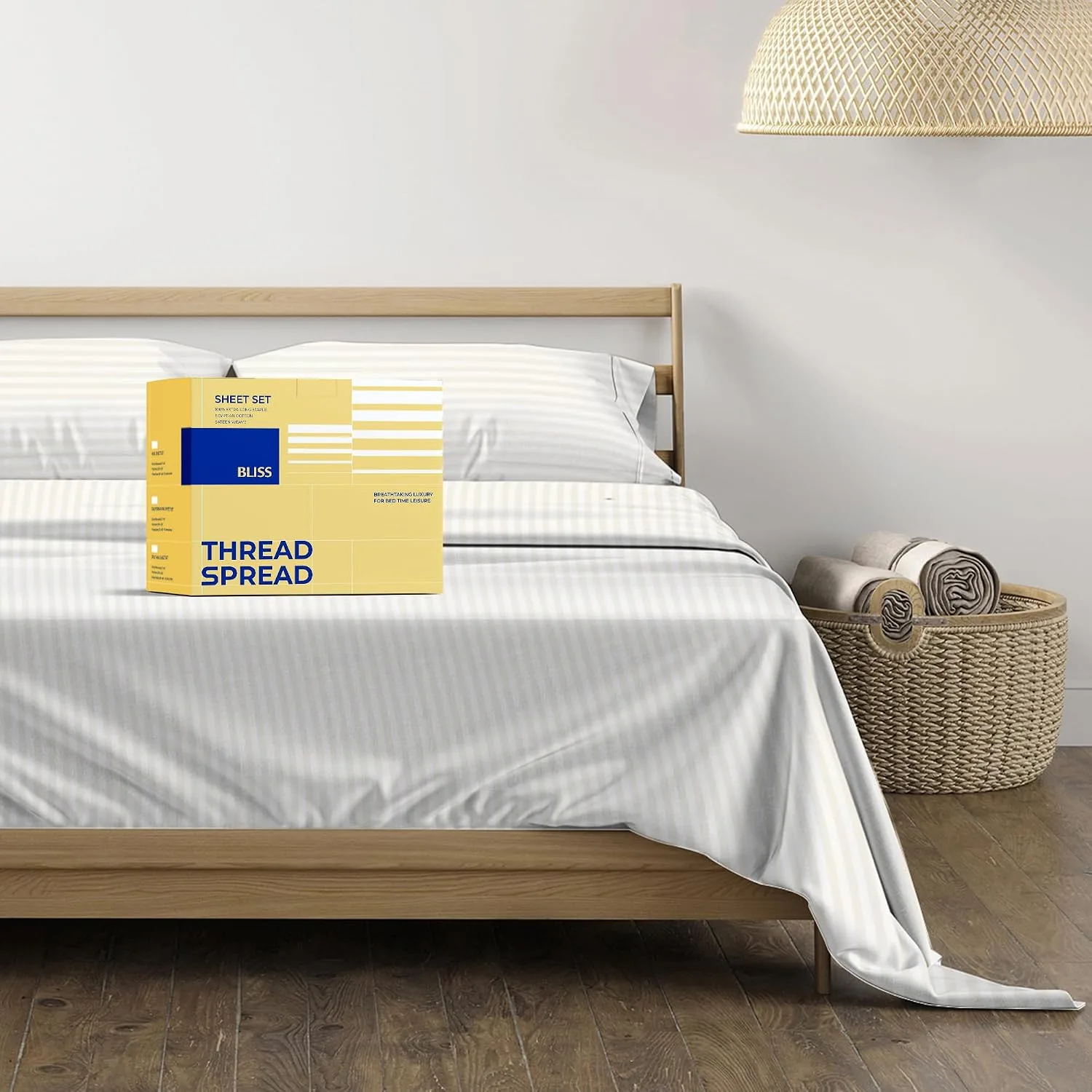 THREAD SPREAD Egyptian Cotton Sheets King Size - Luxury 600 Series King Size Sheets Set (4 PC, Ivory - Stripe), 16" Deep Pocket All Around Elastic, Soft, Cooling, Sateen, Durable Hotel Bed Sheet Sets