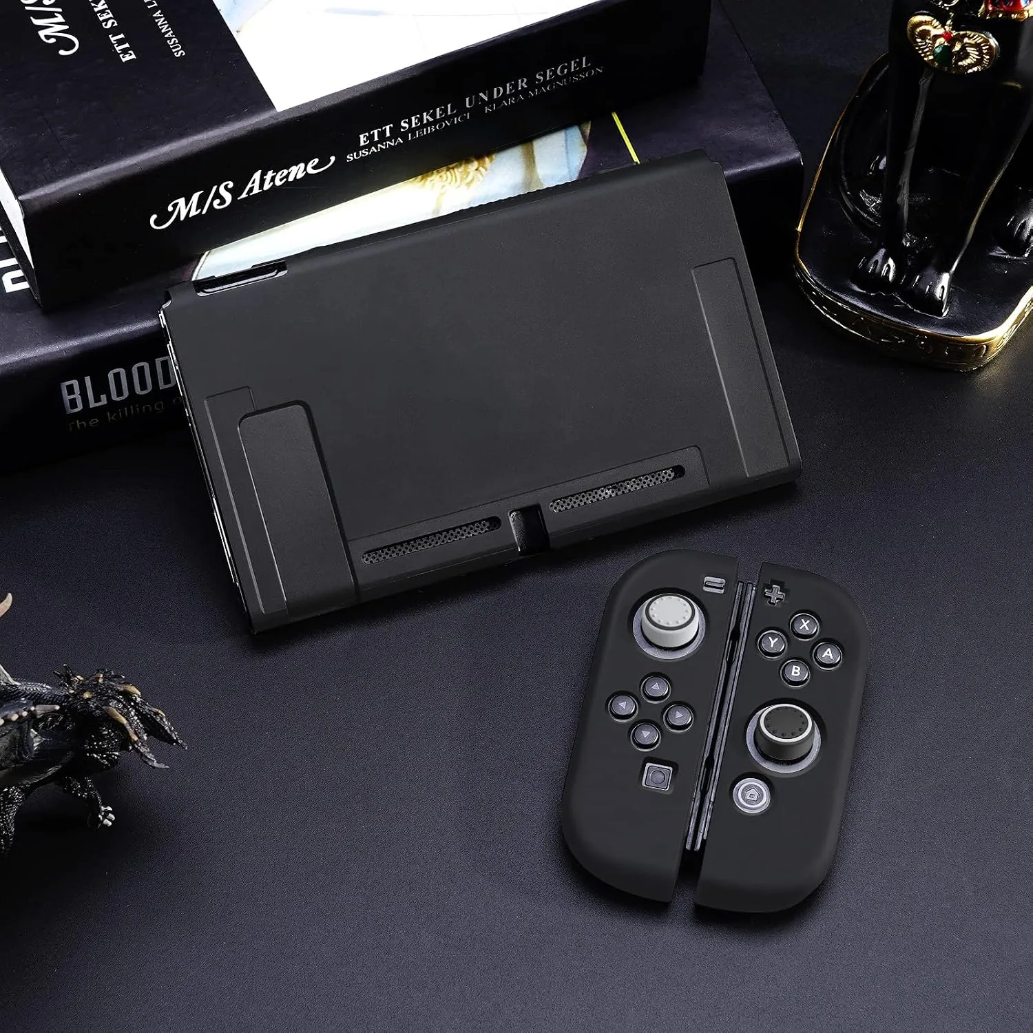 JINGDU Protective Case Compatible with Switch, Dockable TPU Cover Accessories for Console and Grip Joy-Con, The Switch Protector with 4 Thumb Grip Caps, Black