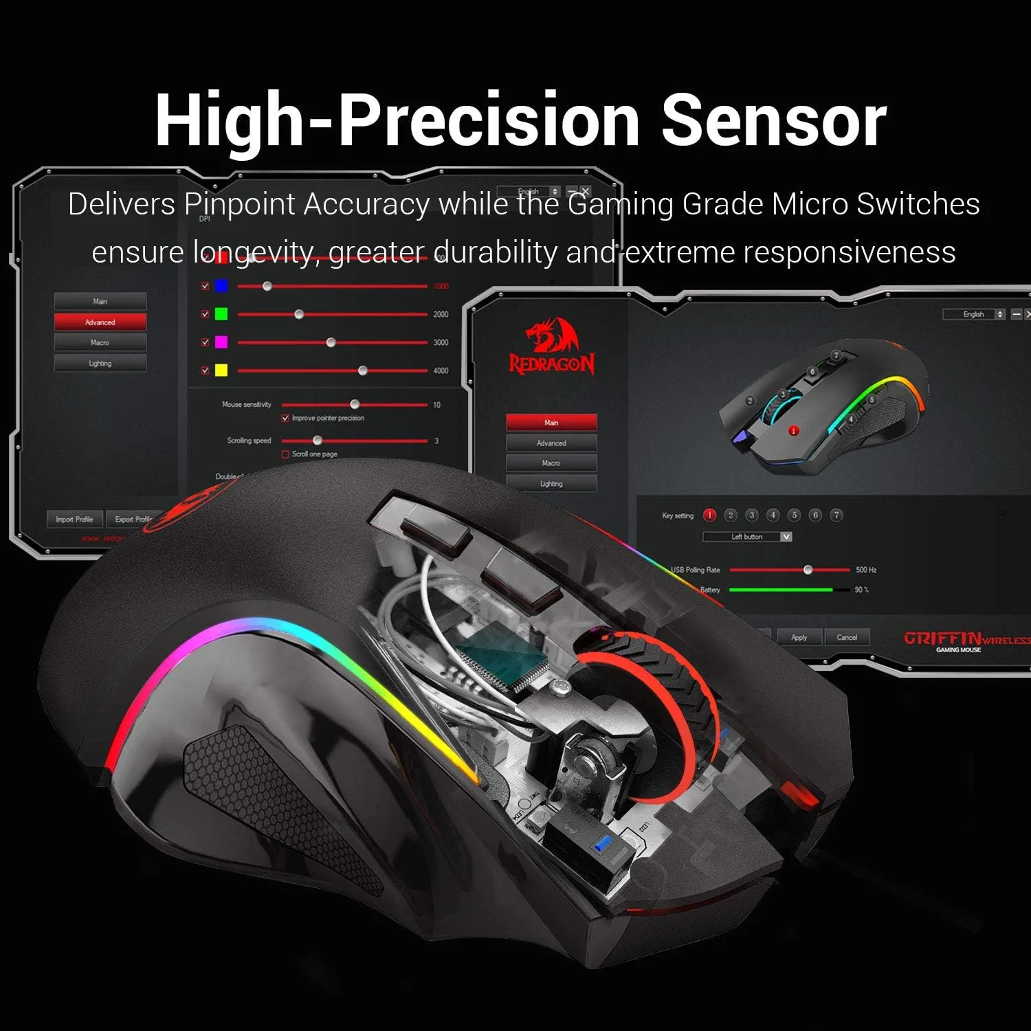 Redragon M602 Griffin RGB Gaming Mouse, Tri-Mode 2.4G/USB-C/Bluetooth Mouse Gaming, RGB Spectrum Backlit Ergonomic Mouse with 7 Programmable Backlight Modes up to 8000 DPI for Win PC Gamers (Wireless)