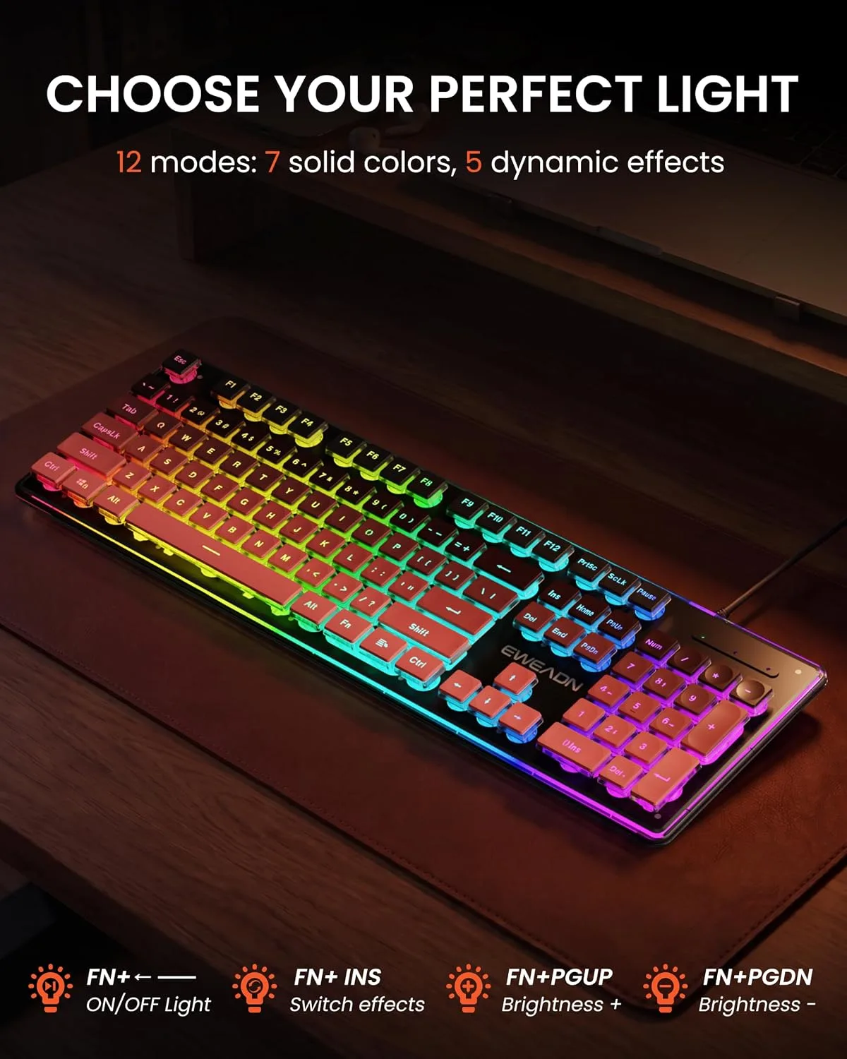 Wired Keyboard with RGB Backlit, Never Fade, Soft Click Typing, Black&Pink