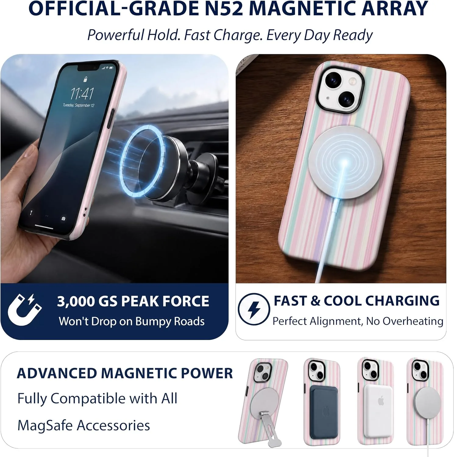 Magnetic for iPhone 13/14 Phone Case, Cute Pastel Pink Striped