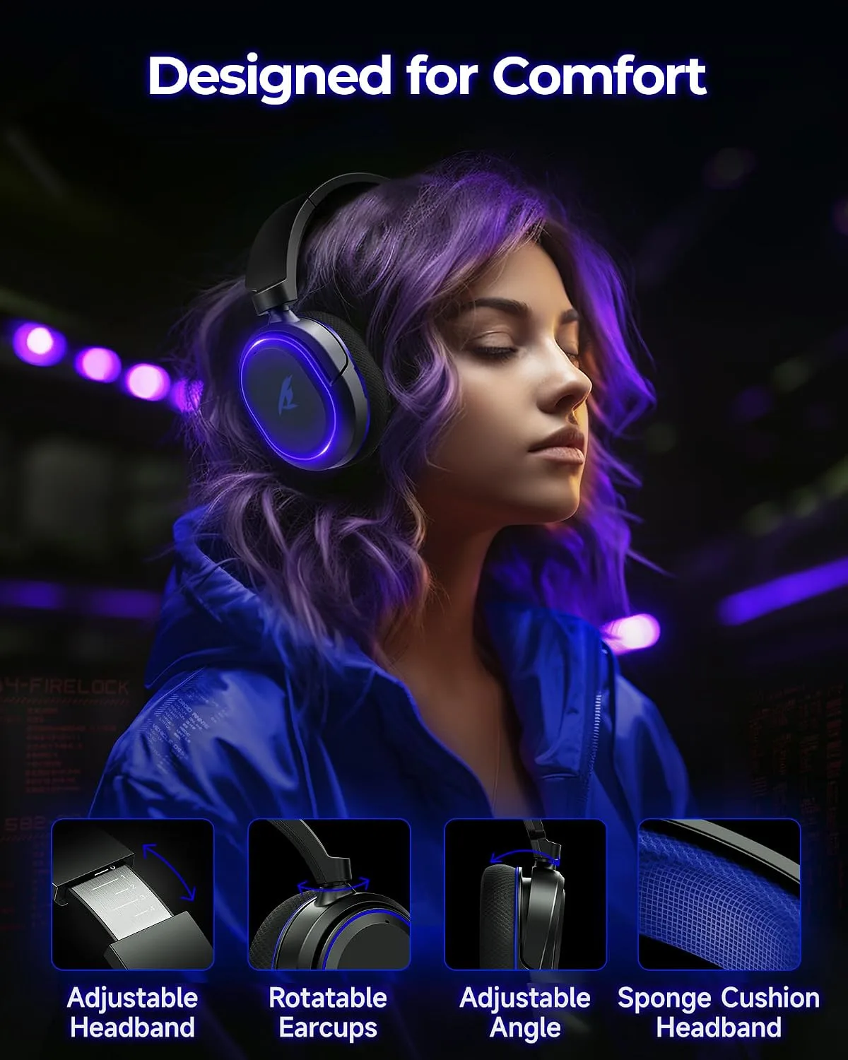 Wireless Gaming Headset, 7.1 Surround Sound, 2.4GHz USB Gaming Headphones with Bluetooth 5.4, 100H Battery, ENC Noise Canceling Mic, RGB Light, Wireless Headset for PC PS5 PS4 Mac Switch (Black-Blue)