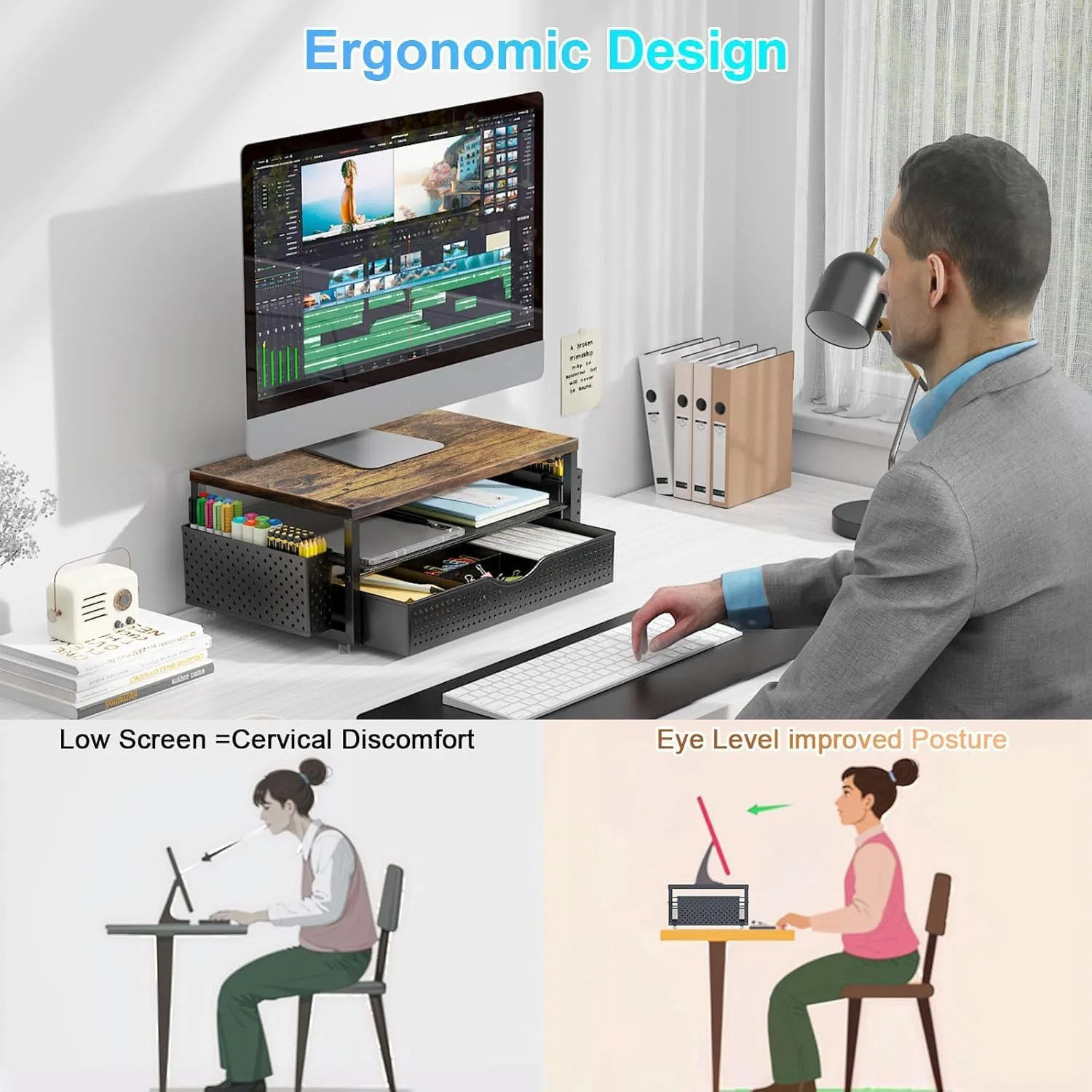gianotter Desk Organizers and Accessories, Monitor Stand with Drawer and 2 Pen Holder, Desktop Organizer Suitable for Offices and Dormitories (Wood)