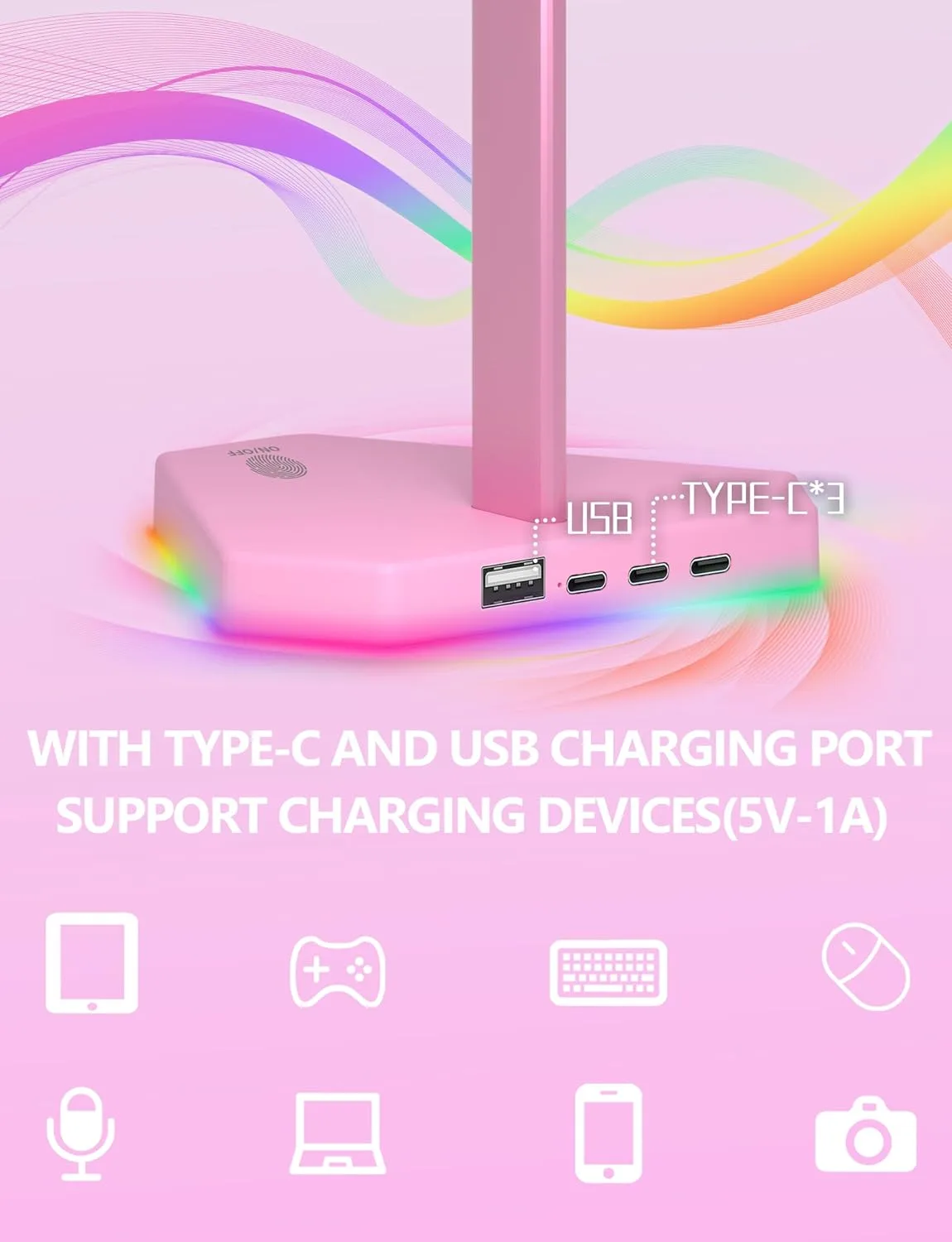 RGB Headphones Stand with 1 USB-C Data Transmission& 3 Type-C Charging Port, Desk Gaming Headset Holder with 7 Light Modes and Non-Slip Rubber Base (Pink)