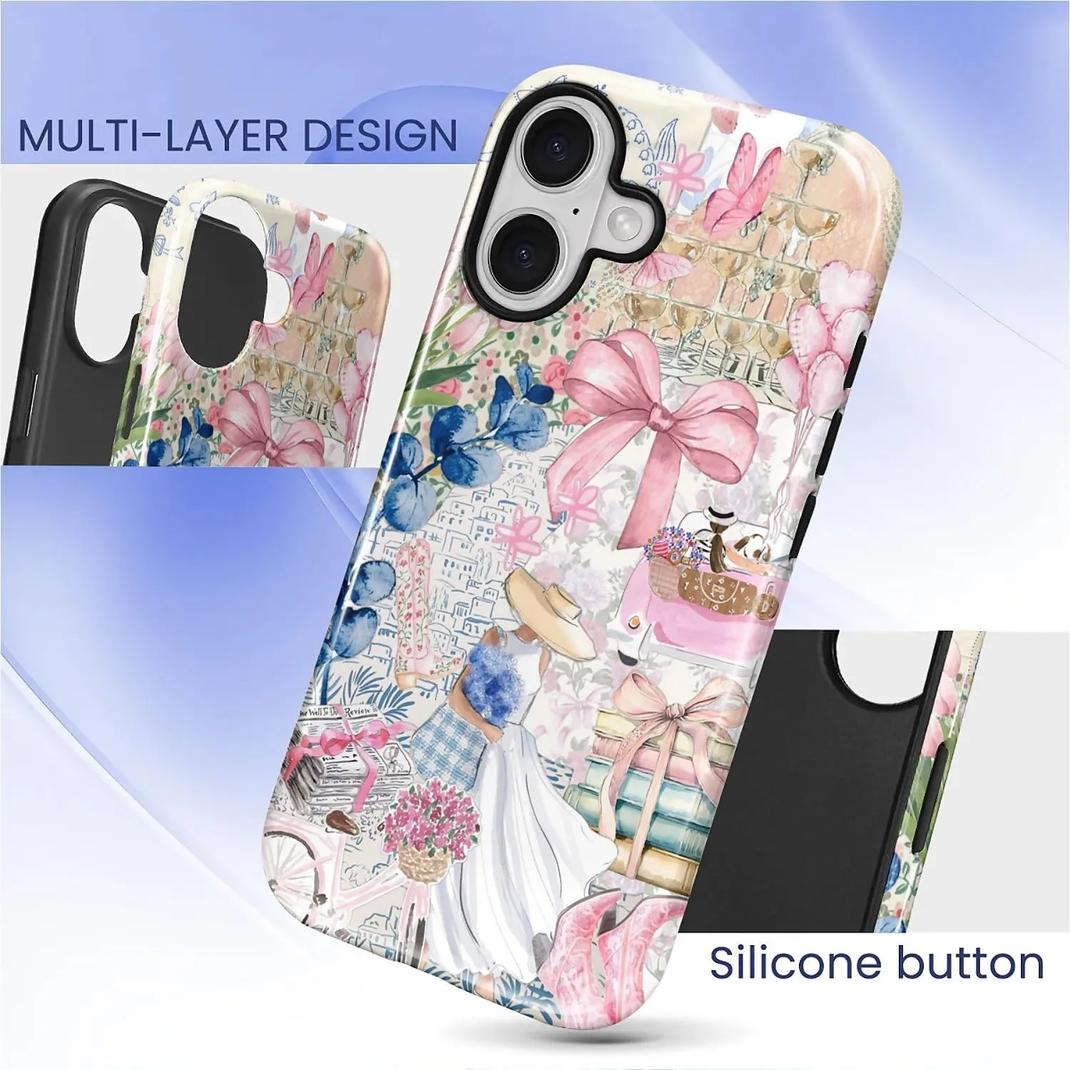DAIZAG Case for iPhone 17,Mixed 2 Layer Design Shockproof Soft TPU Ddouble Protection Phone Case for iPhone 17-Magazine Books Flower Bow Collage
