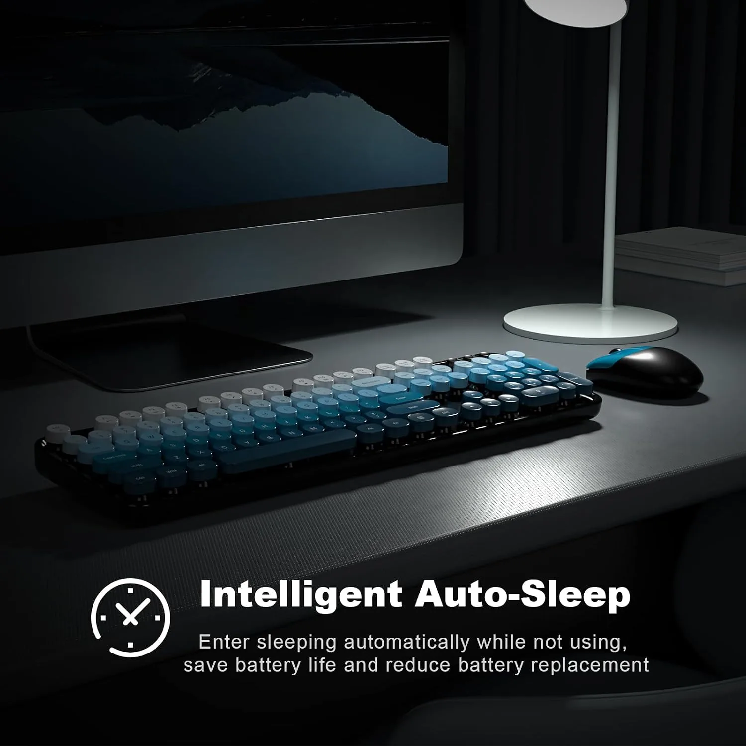 MOFII Wireless Keyboard and Mouse Combo, Full Size 2.4G Plug and Play Typewriter Retro Round Computer Keyboard and Mouse Set for Windows, Computer, Desktop, PC, Notebook - (Black Blue Gradient)