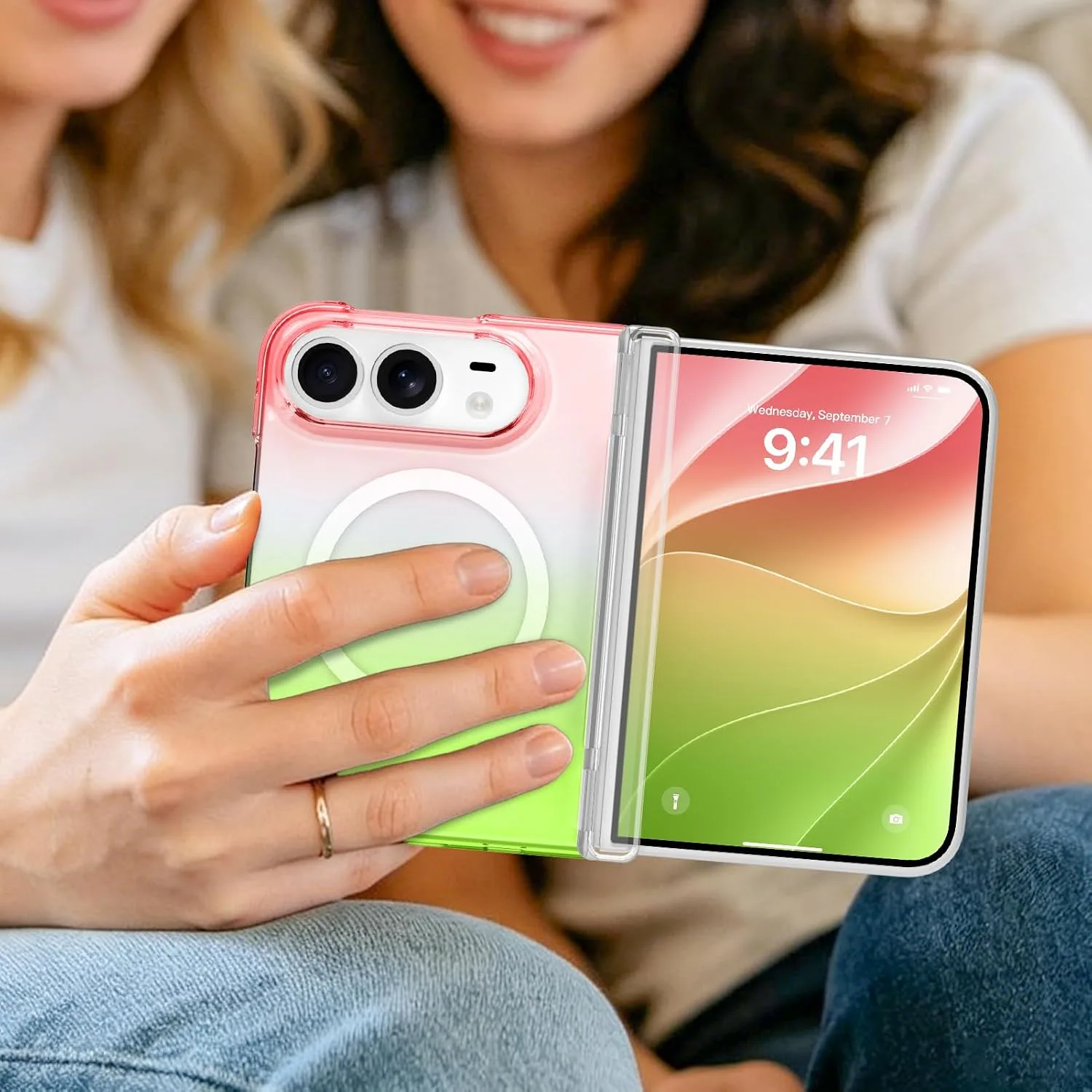 tharlet Magnetic Case Fit for iPhone Duo, Anti Yellowing, Green Pink