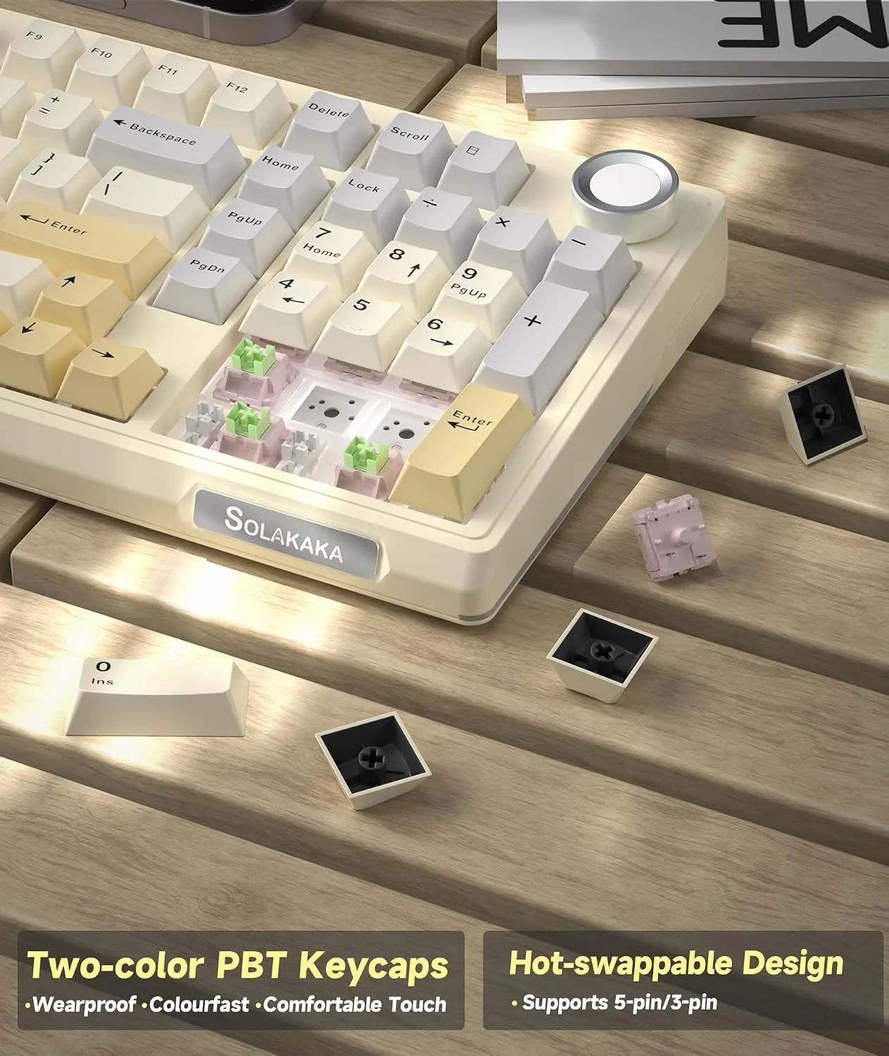 SOLAKAKA KI99 Pro 96% Wireless Gaming Keyboard, RGB Creamy Keyboardw with Knob, Hot-Swappable Pre-Lubed Switches, Gasket Structure Mechanical Keyboards (Beige-White, Non-Silent Version)
