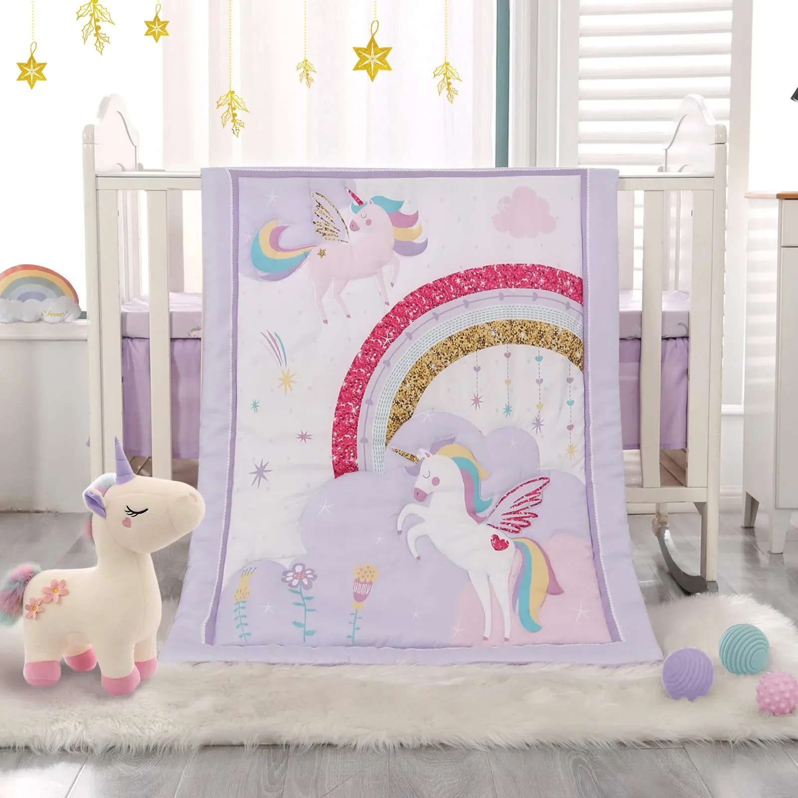 Set de cama para cuna 3 piezas Wowelife diseño unicornio púrpura