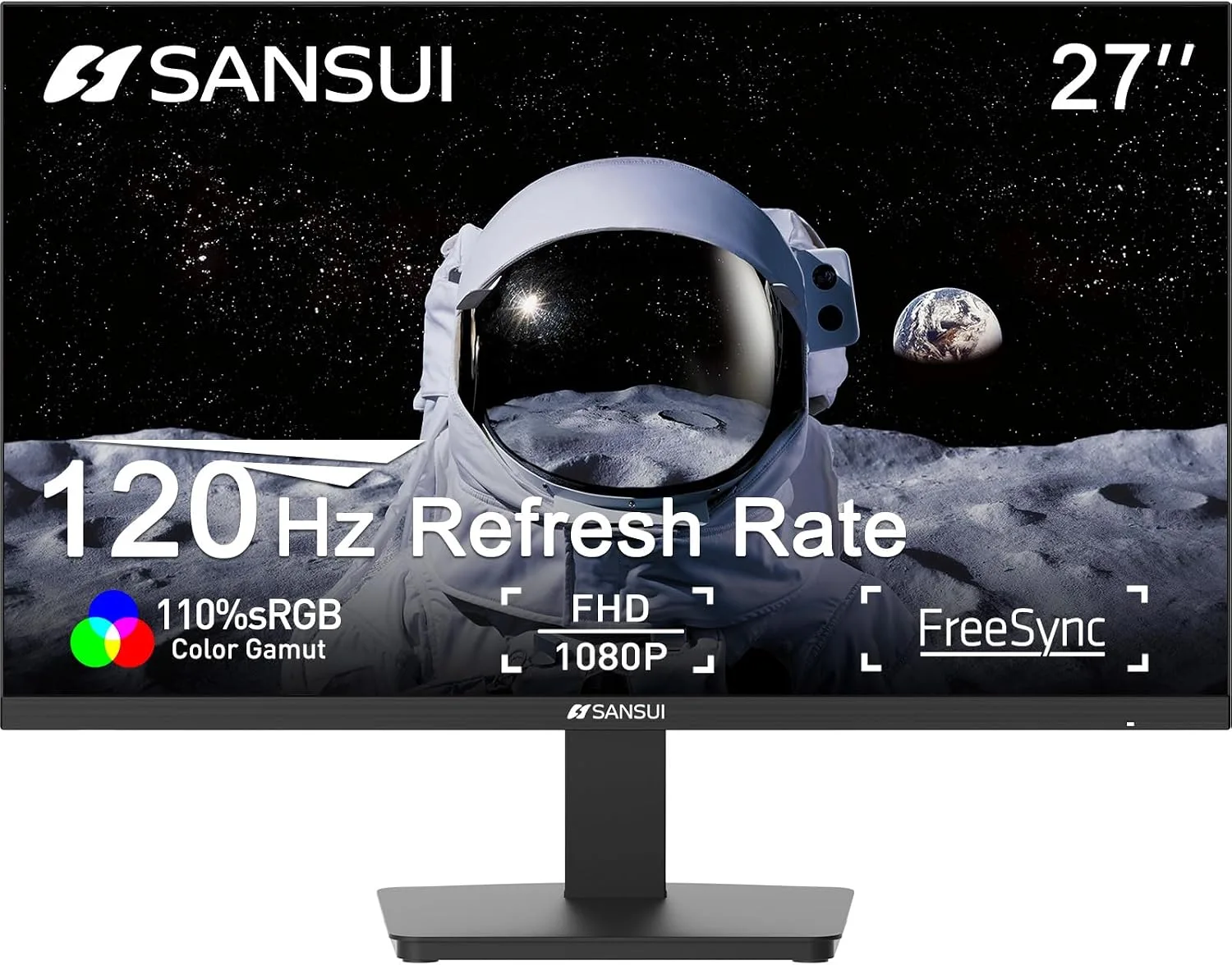 SANSUI 27 Inch Monitor,120Hz Computer Monitor Full HD 1920 x 1080P with HDMI DP Ports, 4000：1 Contrast, 110% sRGB, Eye Care, Frameless, 100 x 100mm VESA Mountable, for Work, Business, Gaming