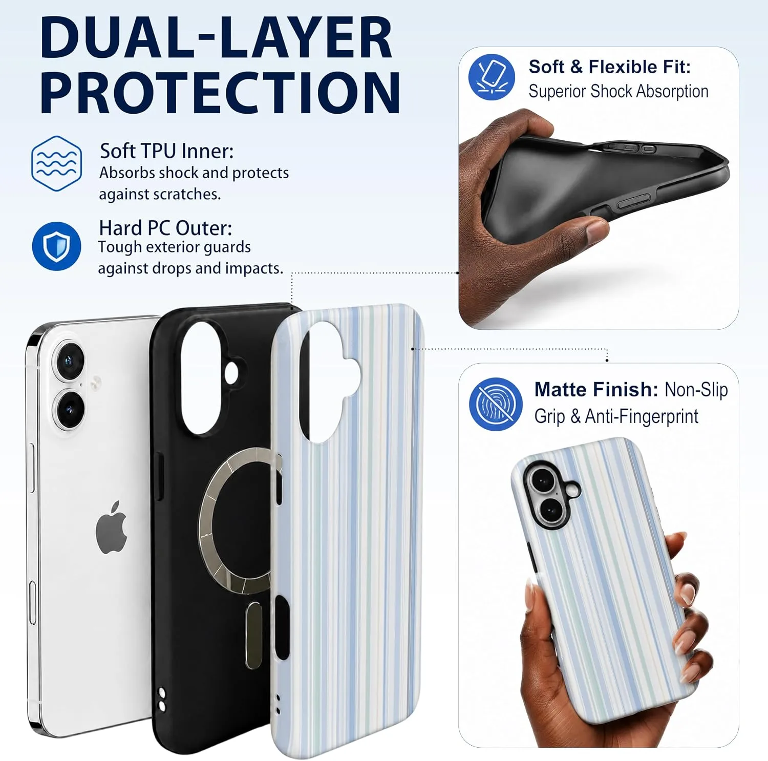 Magnetic for iPhone 16 Plus Phone Case, Cute Pastel Blue Striped