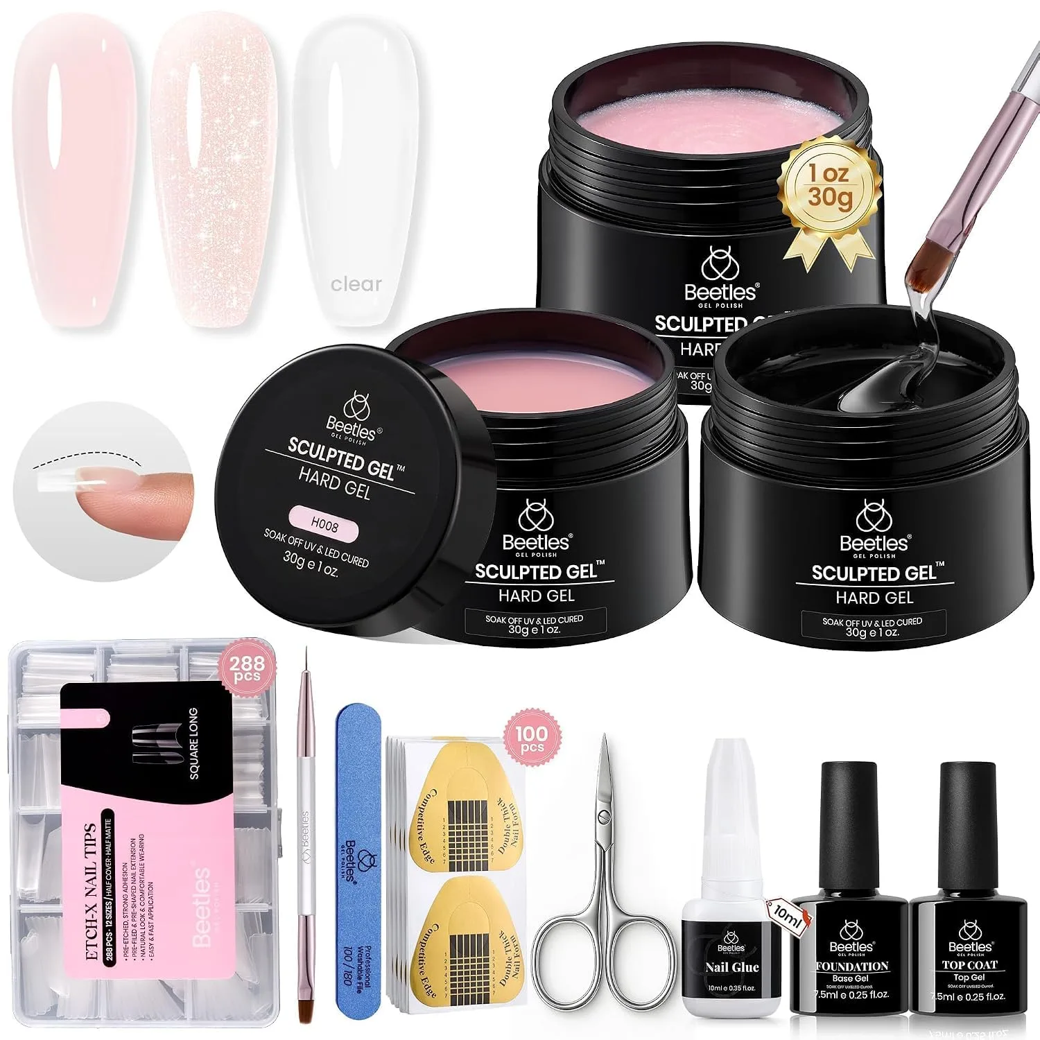 Beetles Hard Gel Nail Extension Kit, 3 Color Builder Gels & Half Cover Tips